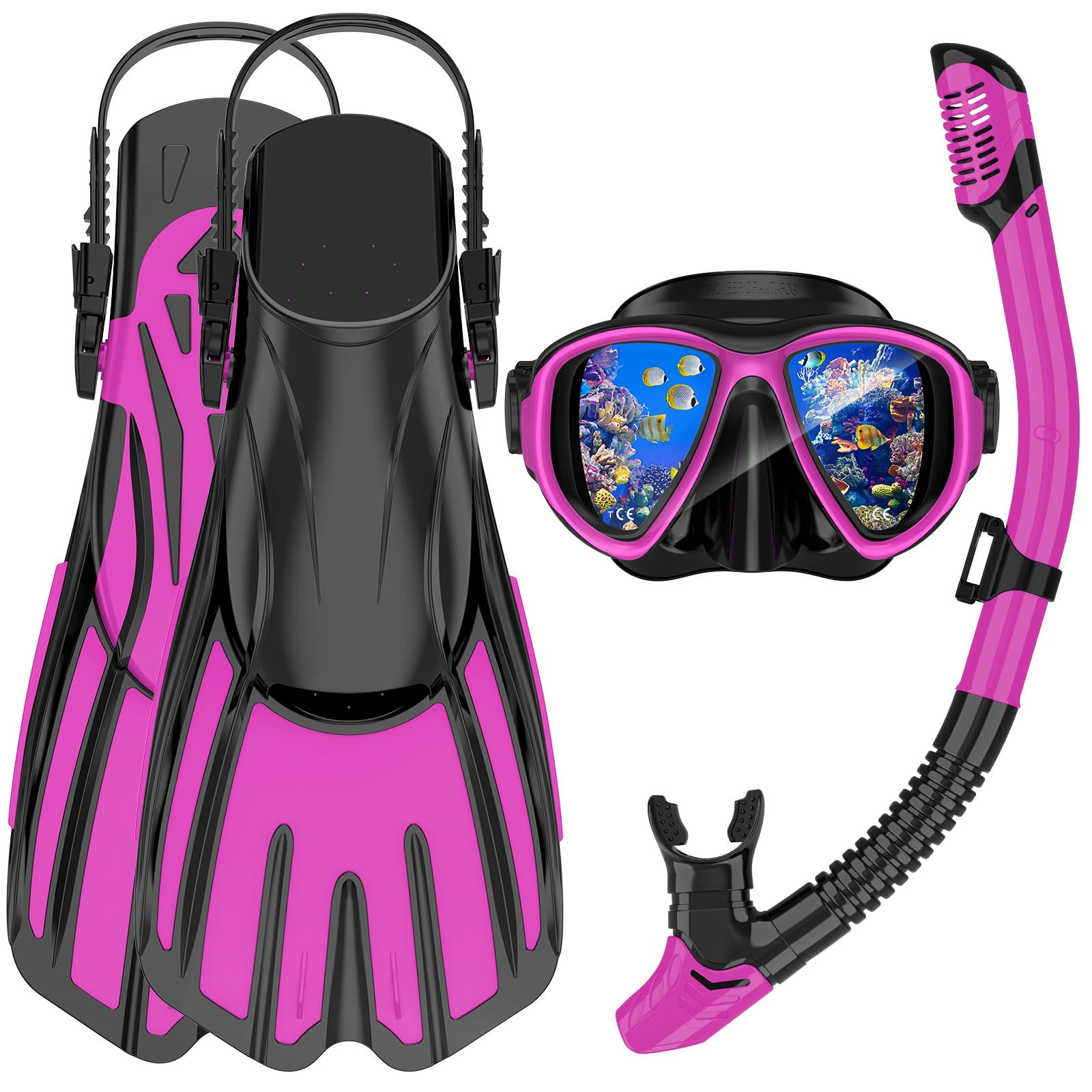 Snorkeling Gear for Adults,3 in 1 Snorkel Set with Panoramic View Diving Mask Anti-Fog Anti-Leak,Dry Top Snorkel,Fins and Travel Bag for Swimming,Snorkeling and Travel Diving (Pink, S/M?37-42?)