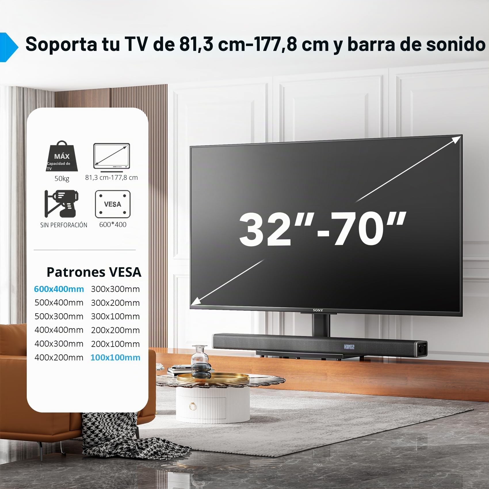 Hemudu Soporte Pie TV Universal, Peanas para Televisiones 32 a 70 Pulgadas, Soporte TV Mesa Altura Ajustable de 4 Niveles, Base de Cristal Templado de Alta Resistencia, MAX 50 Kg, MAX Vesa 600x400 mm