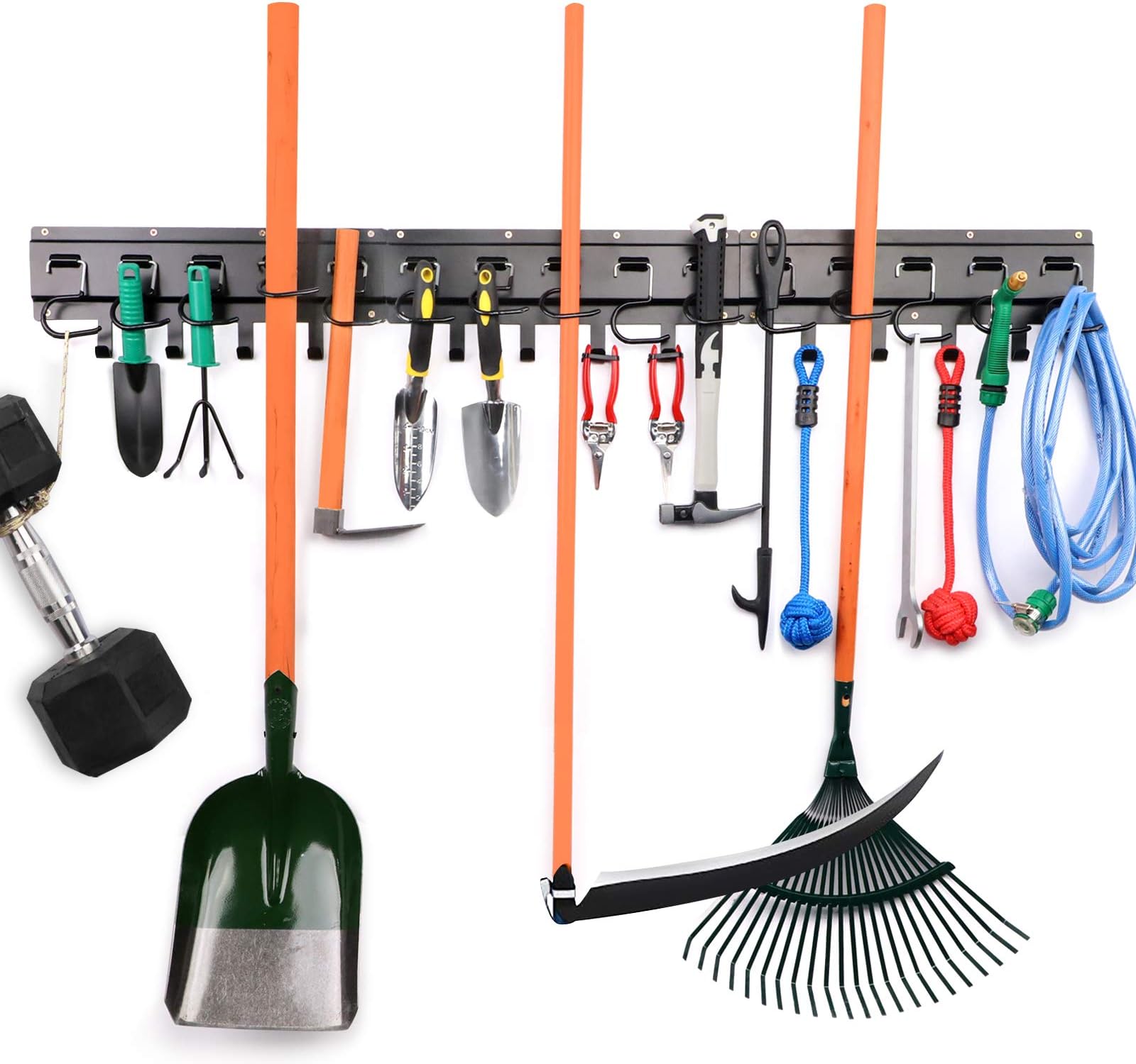Garage Organizer Wall Mount Tool Adjustable Storage System, Garden Tool Organizer, Yard Tools Rack, Heavy Duty All Metal Garage Tool Hanger For Mop, Shovel, Rake, Broom with 3 Rails and 15 Hooks