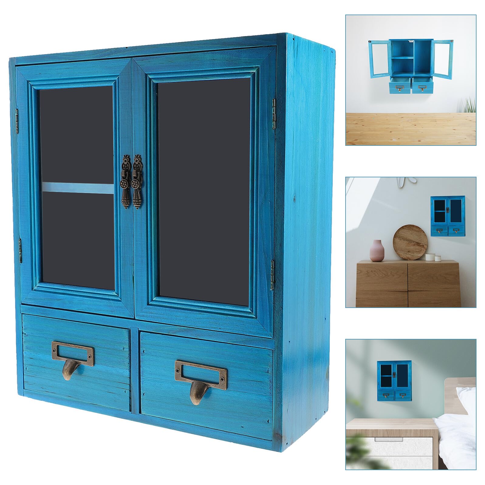 Armoire Murale en Bois Vintage à Double Portes, Bleu, Grosse Capacité