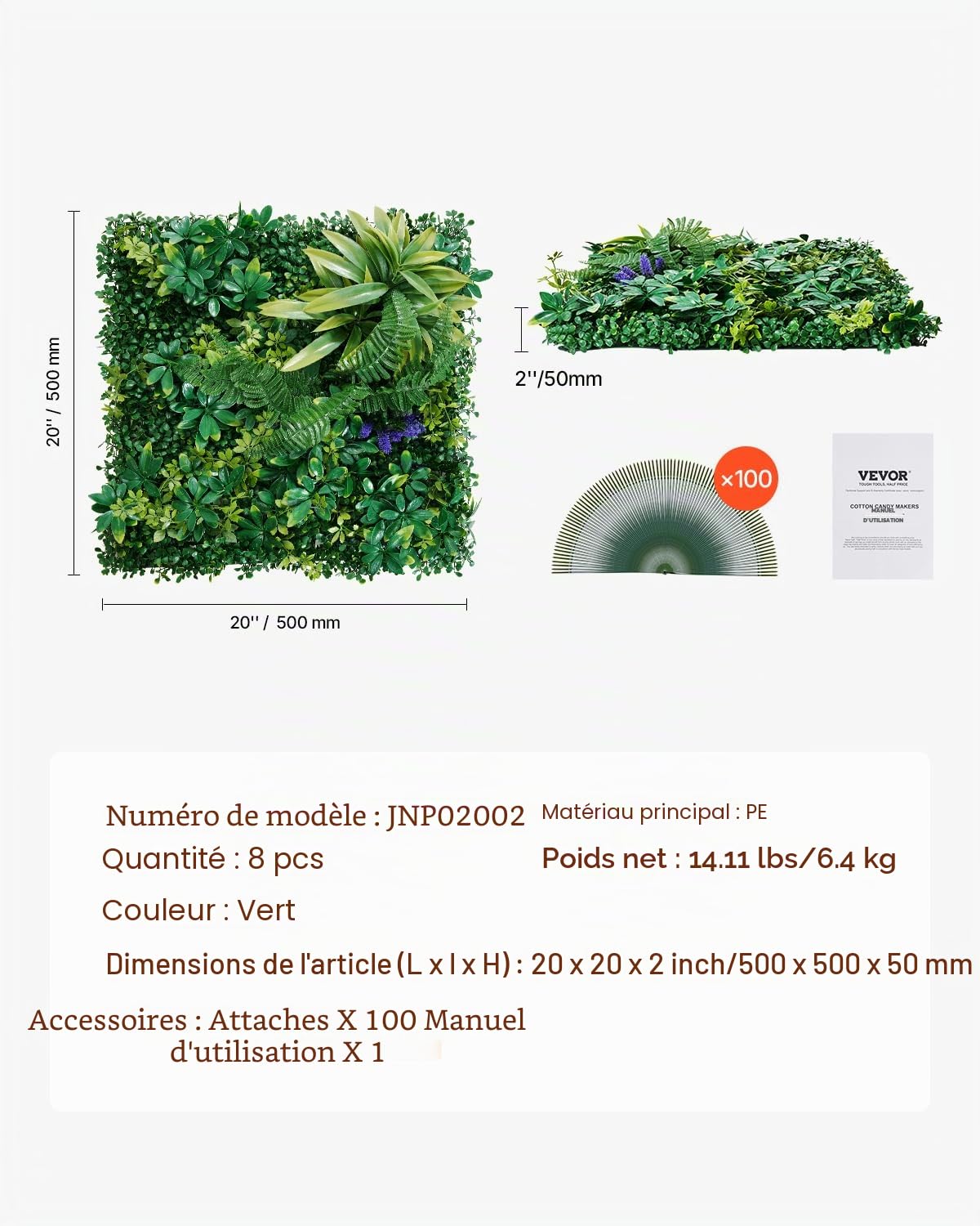 VEVOR Mur Végétal Artificiel, 8 PCS, Panneau Mural Décoratif Plante Artificielle 3D Emboîtable, 50x50 cm, pour Décoration Intérieure Extérieure, Couverture de Clôture en Lierre, Brise-vue Mural Jardin