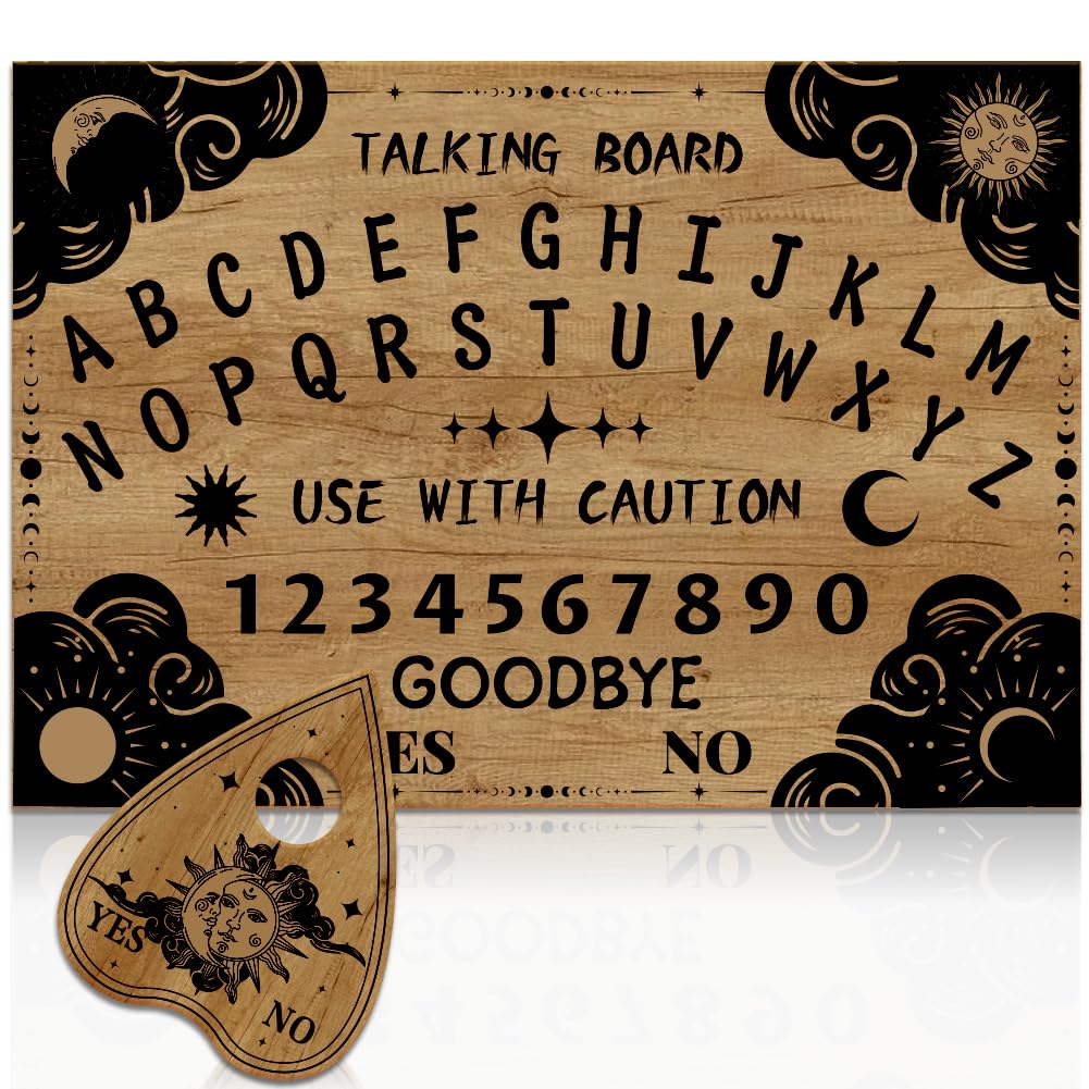 WEBEEDY Wood Spirit Board with Planchette Pendulum Board with Sun and Moon, Wooden Talking Spirit Boards Dowsing Divination Tools for Family Party Metaphysical Message Decor Gift, 30x21 cm