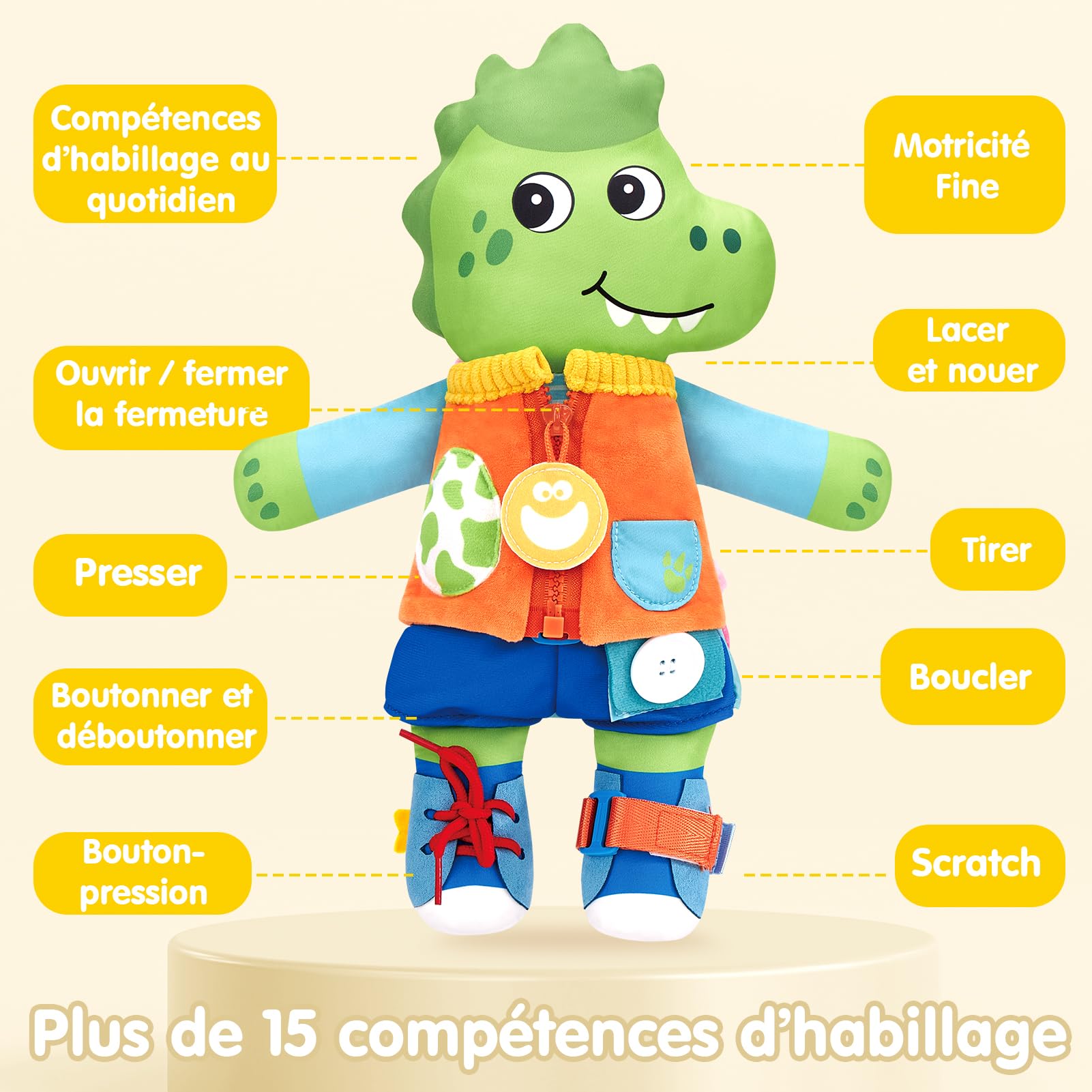 hahaland Poupée Montessori 2-en-1 pour Tout-Petits 1–3 Ans, Poupée Éducative en Peluche Réversible Licorne & Dinosaure, Motricité Fine, Apprendre à S’Habiller, 15+ Fermetures, Cadeau Enfant dès 2 Ans