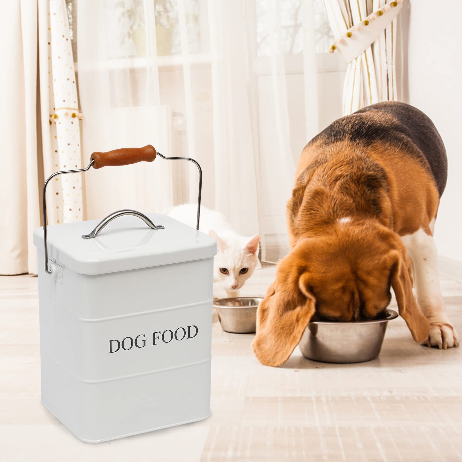 Geyecete - Contenitori per alimenti per animali domestici, in acciaio al carbonio rivestito, con coperchio e cucchiaio,per Cibo per Cani,Capacità 6L-Bianco