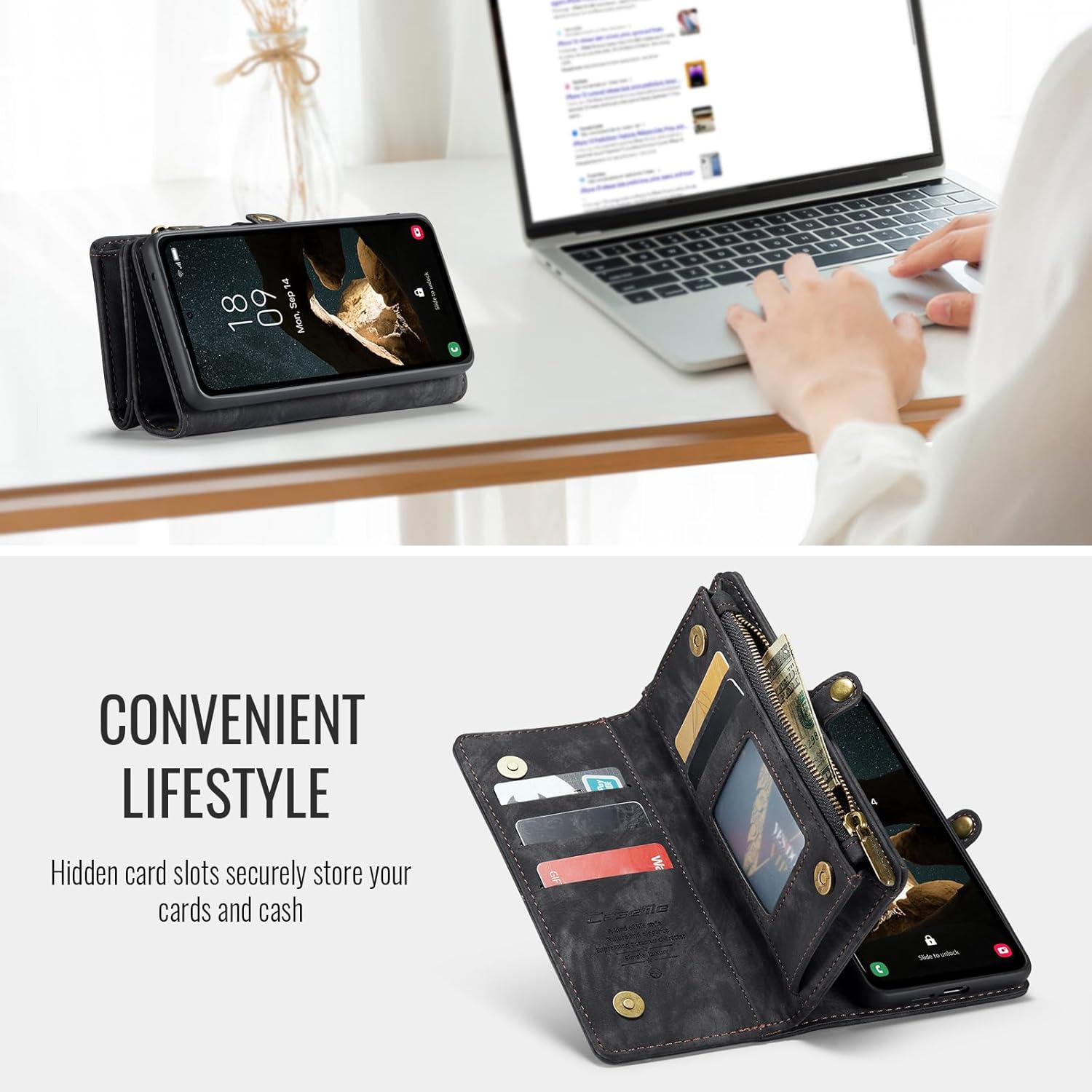 Kowauri Wallet Case for Samsung Galaxy S25 Plus, Zipper Purse Folio Leather Wallet with Card Holder Wrist Strap Detachable Magnetic Shockproof Protective Back Case for Samsung Galaxy S25 Plus (Black) - Image 5