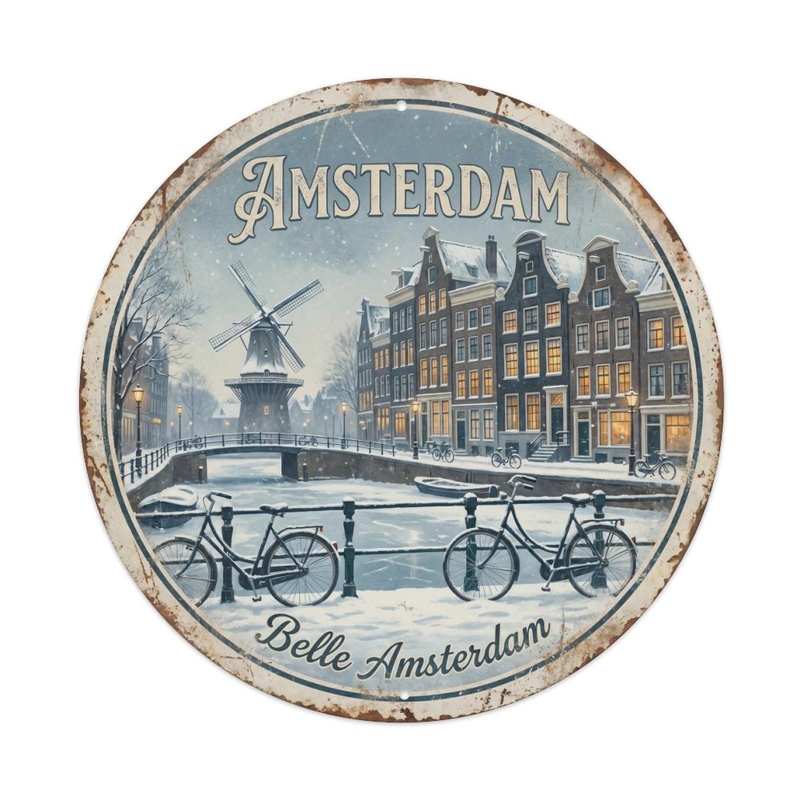 Vintage Travel Amsterdam Winter Snow Metal Tin Sign Plaque