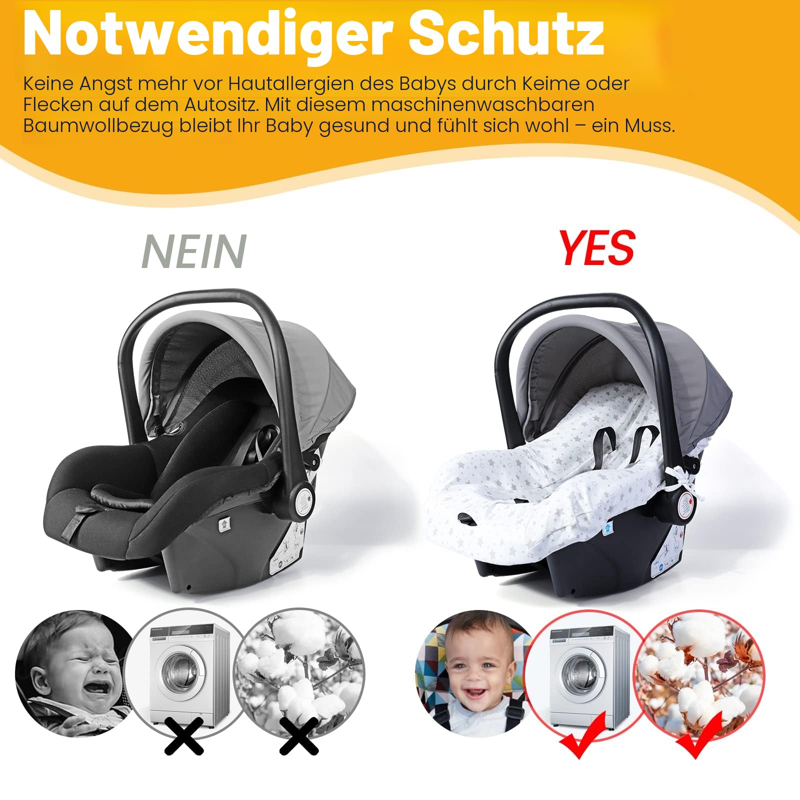 Orzbow Sommerbezug für Babyschale, Universal Schutzbezug aus 100% Baumwolle, für Babyschale (z.B. Maxi Cosi, CabrioFix, Pebble), Atmungsaktiv gegen Schwitzen, Maschinenwaschbar (Weiß Sterne)