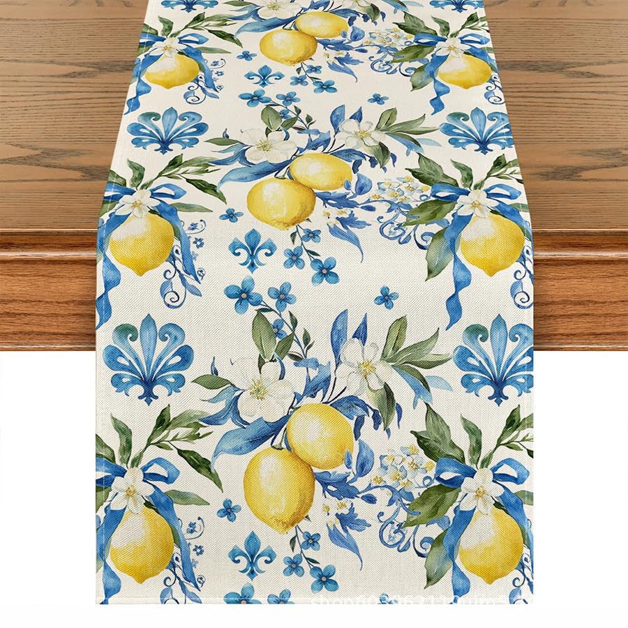 Blue Lemon Summer Table Runner 33x150 cm, Linen Table Runners for Dining Table Seasonal Spring Kitchen Decor Outdoor Garden Party Decorations