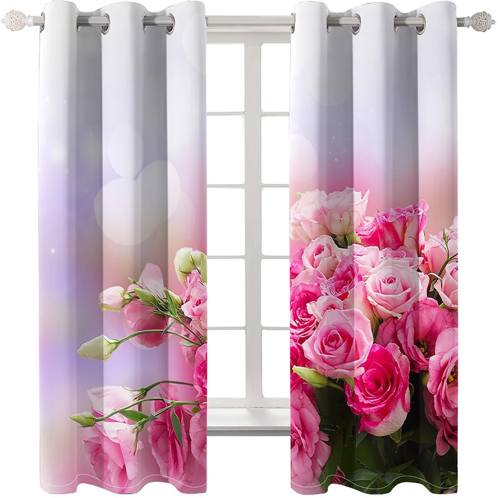 Firanki długie, zasłony kuchenne na okno, różowe, zielone, poliester, różowe, kwiaty, dekoracja, zestaw 2 sztuk, szer. 132 x wys. 229 cm