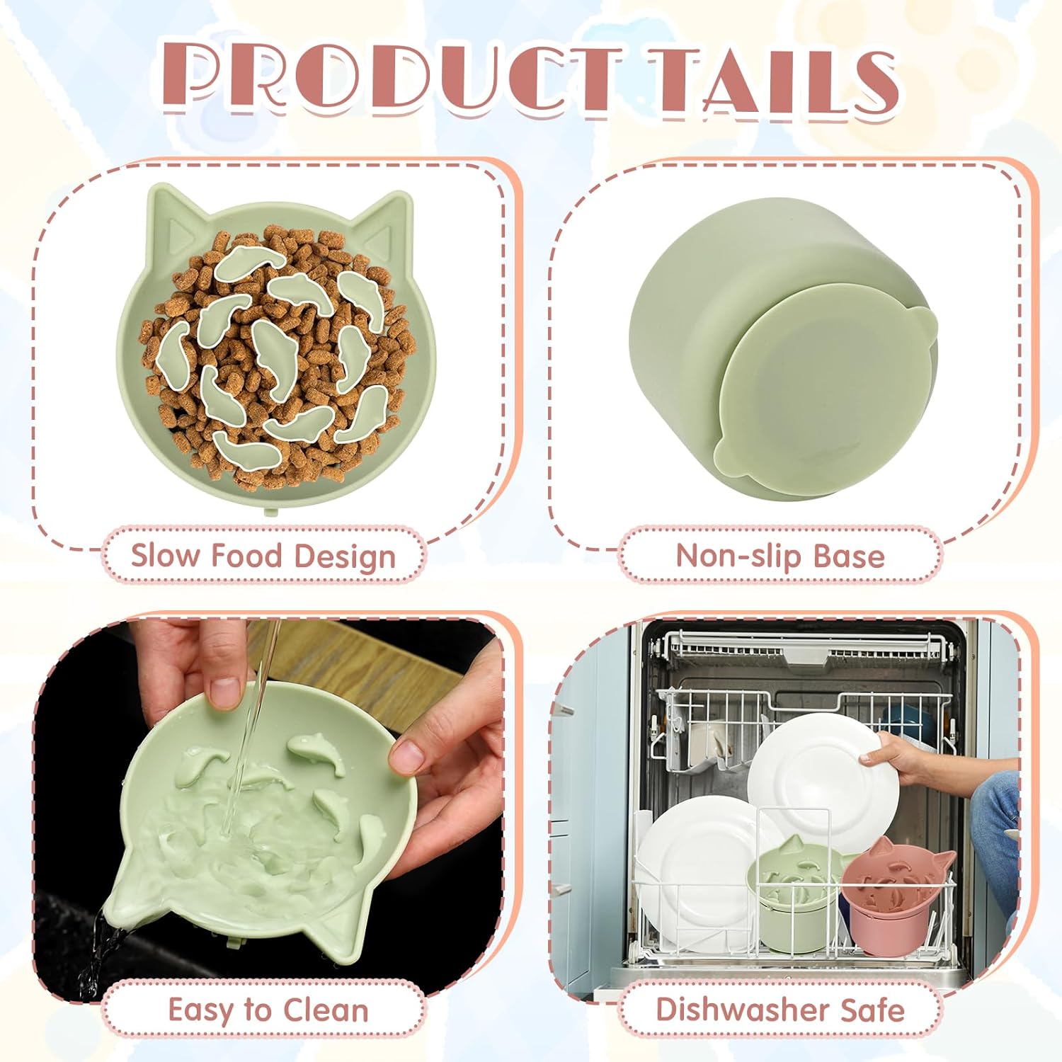 Funnymoom 2 Pack Silicone Cat Slow Feeder, Elevated Slow Feeder Cat Bowl for Dry and Wet Food, Tilted Design with Non Slip Base, Adjustable Angle for Pet(Green and Brown)