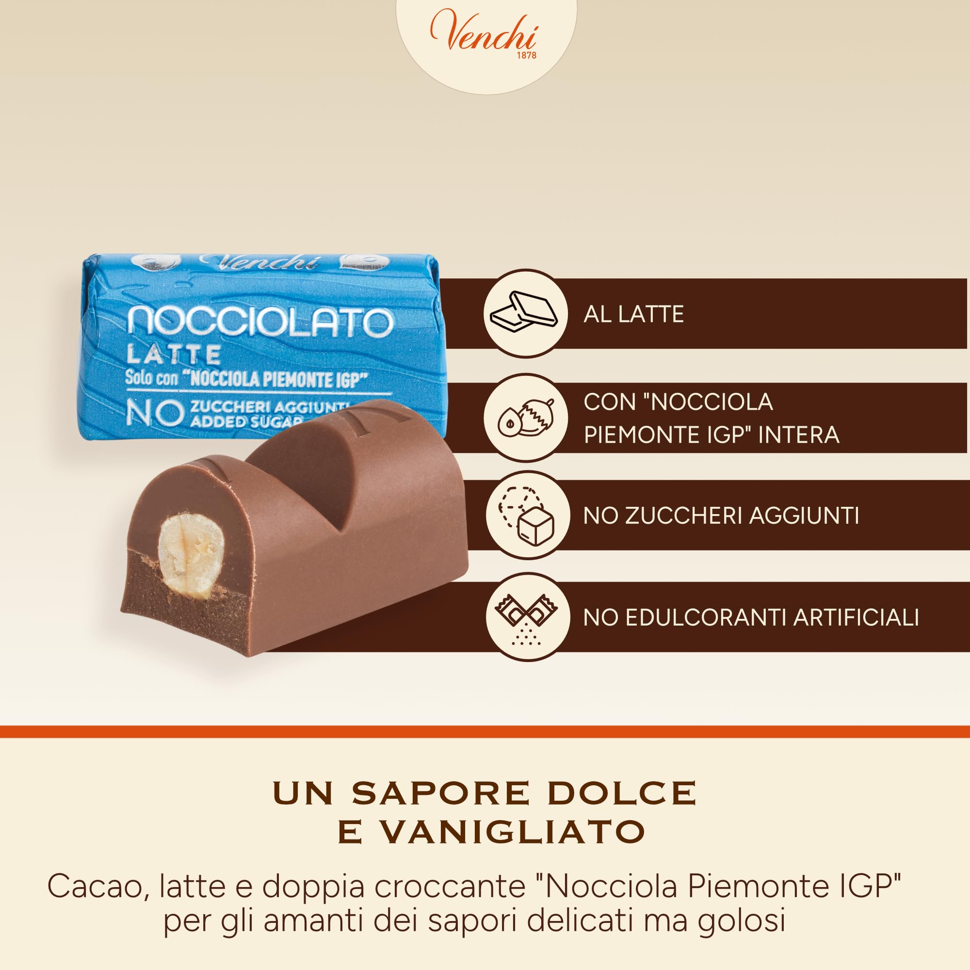 Venchi - Lingottino Nocciolato Latte -70% di Zuccheri - Cioccolatino con Nocciole Piemonte IGP intere, 1 kg - Senza Glutine