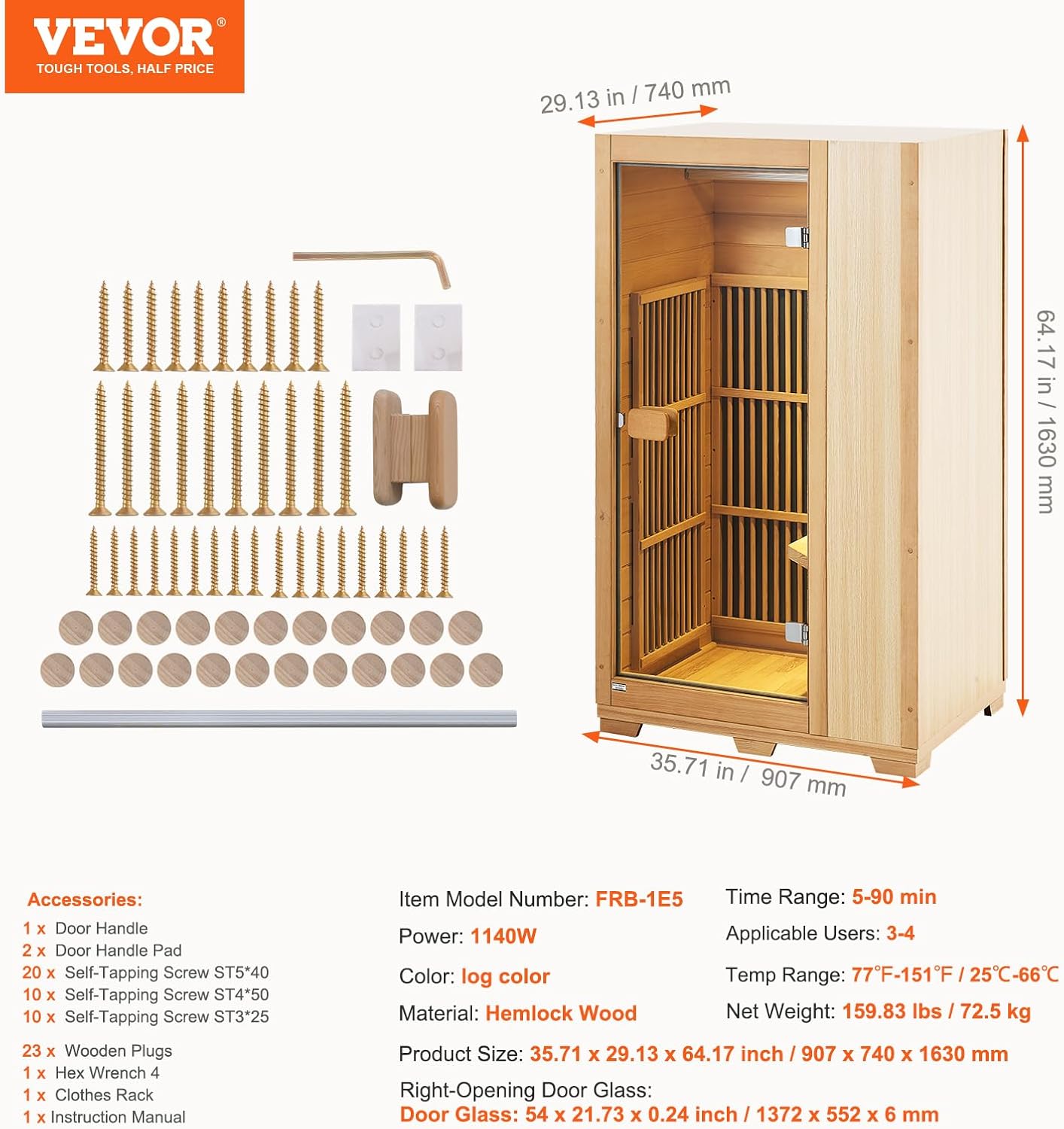 Compact Hemlock Wood Infrared Sauna with Glass Door
