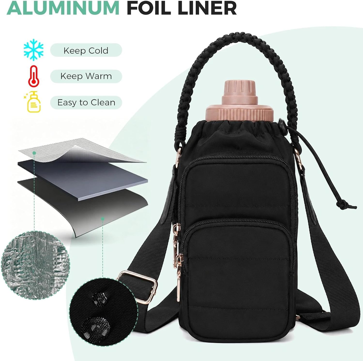 Crossbody Water Bottle Bag with Shoulder Strap for Women, Black image 5