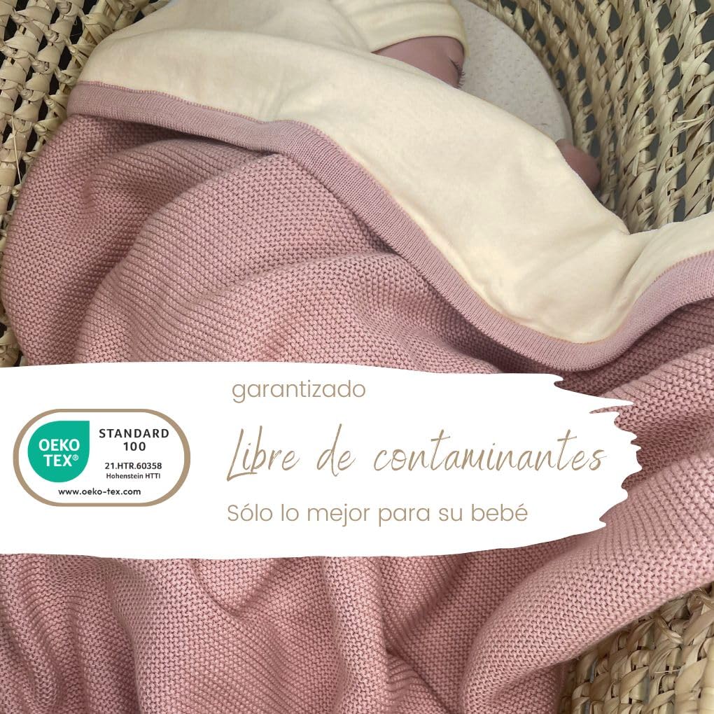 DIKOS® Manta Invierno Rosa Antiguo | Algodón/Terciopelo Certificada Oeko-Tex | Para Cochecito Con Bordura | Arrullo Bebé Recién Nacido Regalo Nacimiento