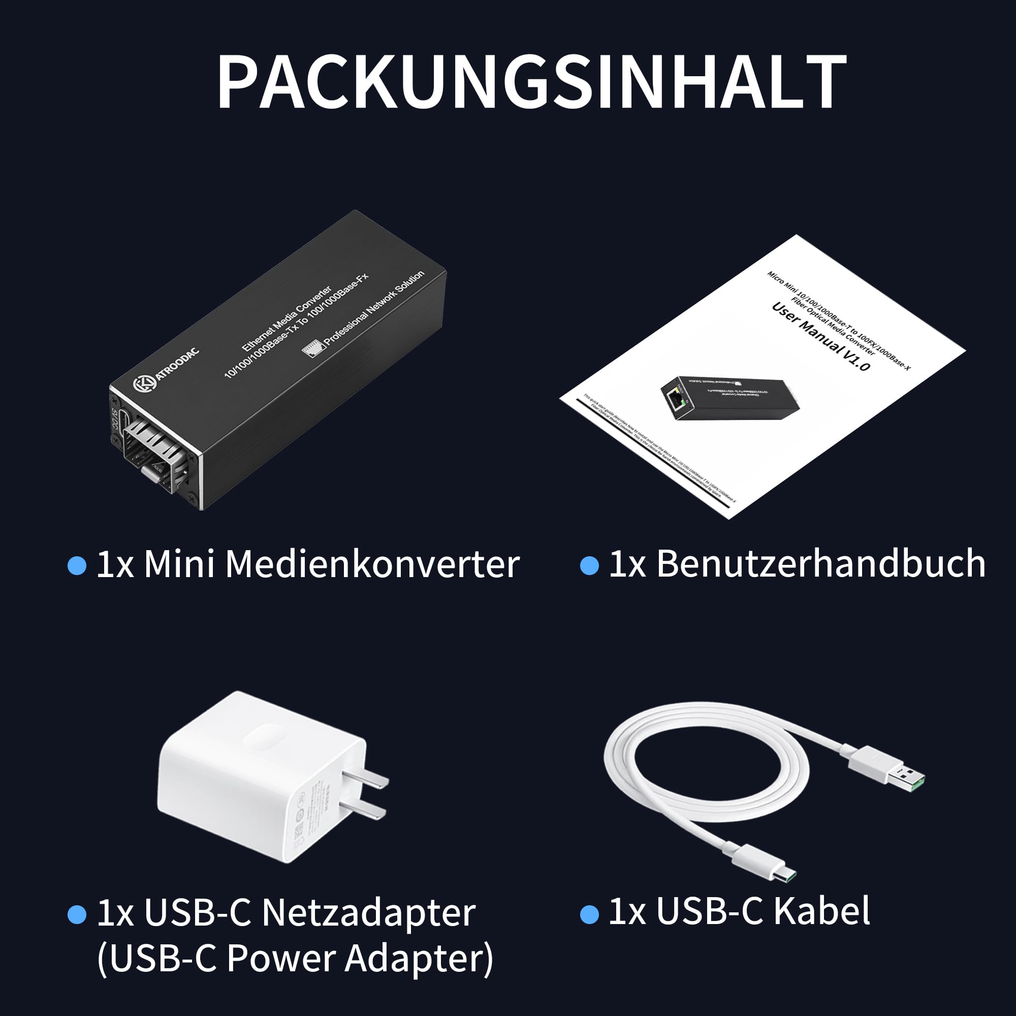 Mikro Gigabit Glasfaser Ethernet Medienkonverter – 10/100/1000BASE-T RJ45 auf SFP Steckplatz, Duale Stromversorgung (PoE 802.3af/at/bt & USB-C), Plug & Play, Aluminiumgehäuse, 0 ~ +70°C
