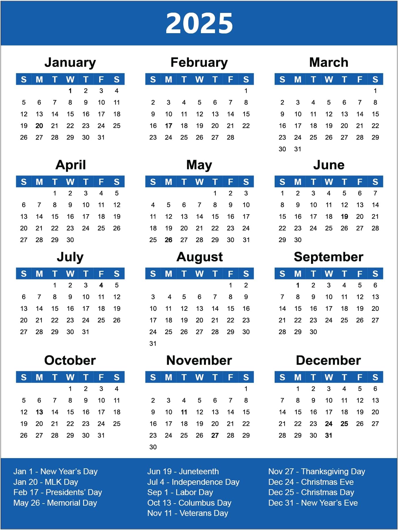 2025 Full Yearly Calendar Magnet by DCM Solutions (Blue, 4.5"W x 6"H)
