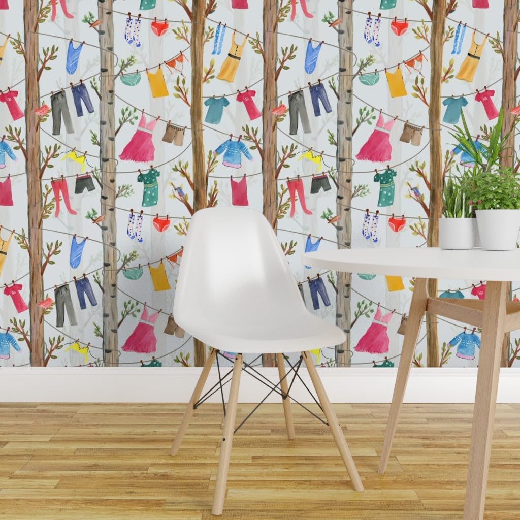 Spoonflower Removable Wallpaper 3ft x 2ft - Whimsical Laundry Clothes Trees Clothesline Room Dress Shorts Shirt Bathing Suit Colorful Stockings Custom Pre-Pasted Wallpaper