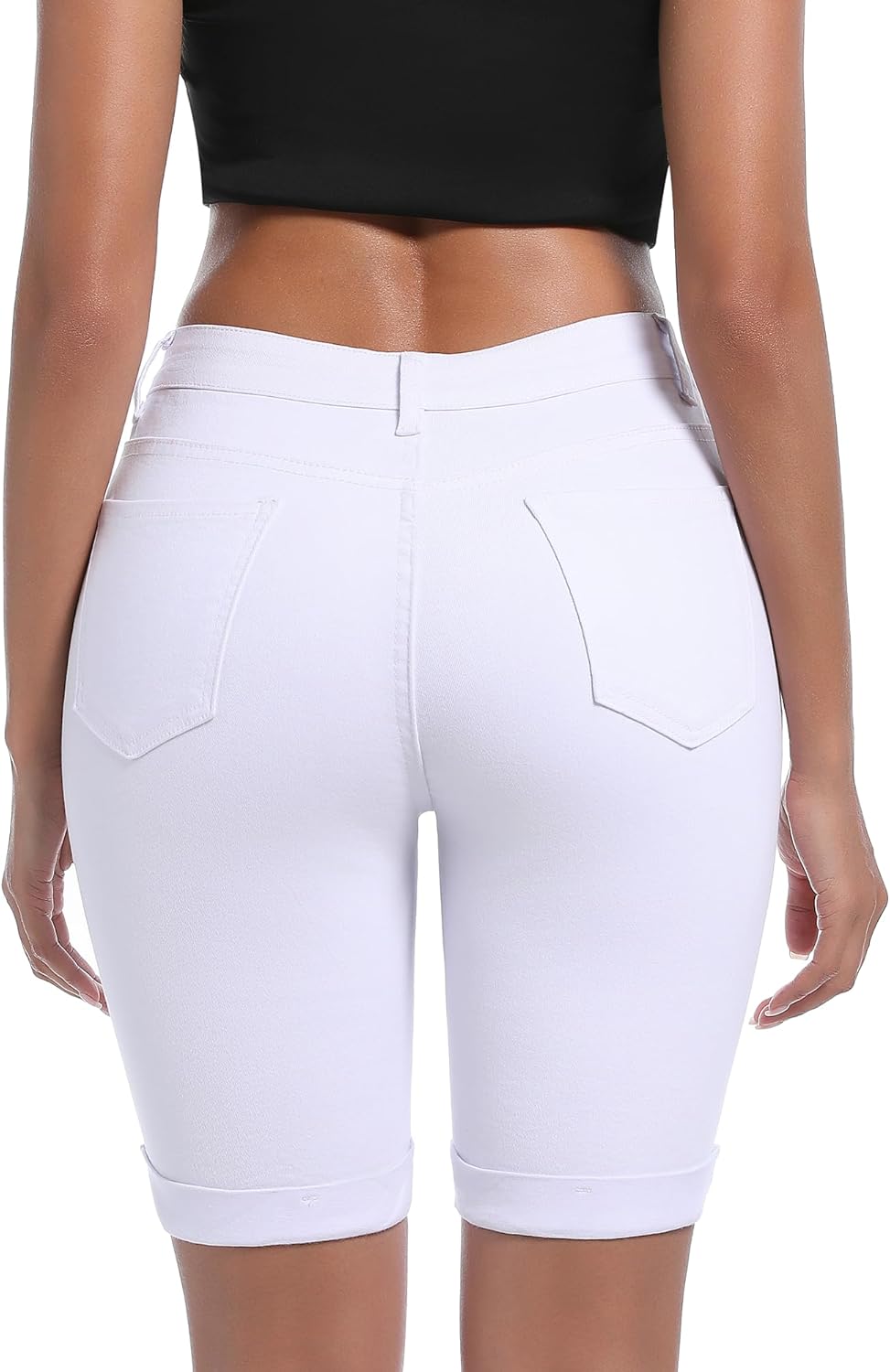 Womens Bermuda Denim Shorts High Waist Folded Hem Stretch Jean Shorts - Image 3