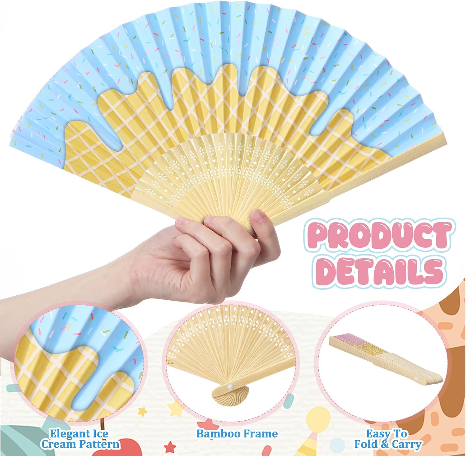 Chunful 24 Pack Ice Cream Party Fans Pink and Blue Folding Hand Fans with Bamboo Frame Cute Summer Ice Cream Social Decorations for Wedding Bridal Baby Shower Gender Reveal Birthday Party Supplies