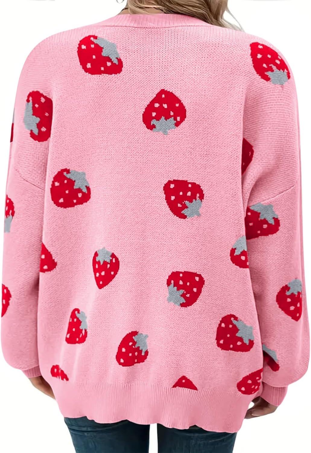 Women's Plus Size Strawberry Floral Print Long Sleeve Open Front Knit Cardigan Sweater - Image 5