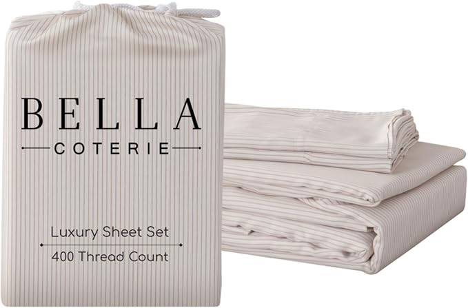 Bella Coterie Luxury Bamboo Viscose Queen Size Sheet Set | 100% Organically Grown | Ultra Soft | Cooling for Hot Sleepers | 18" Deep Pocket [Striped Dune]