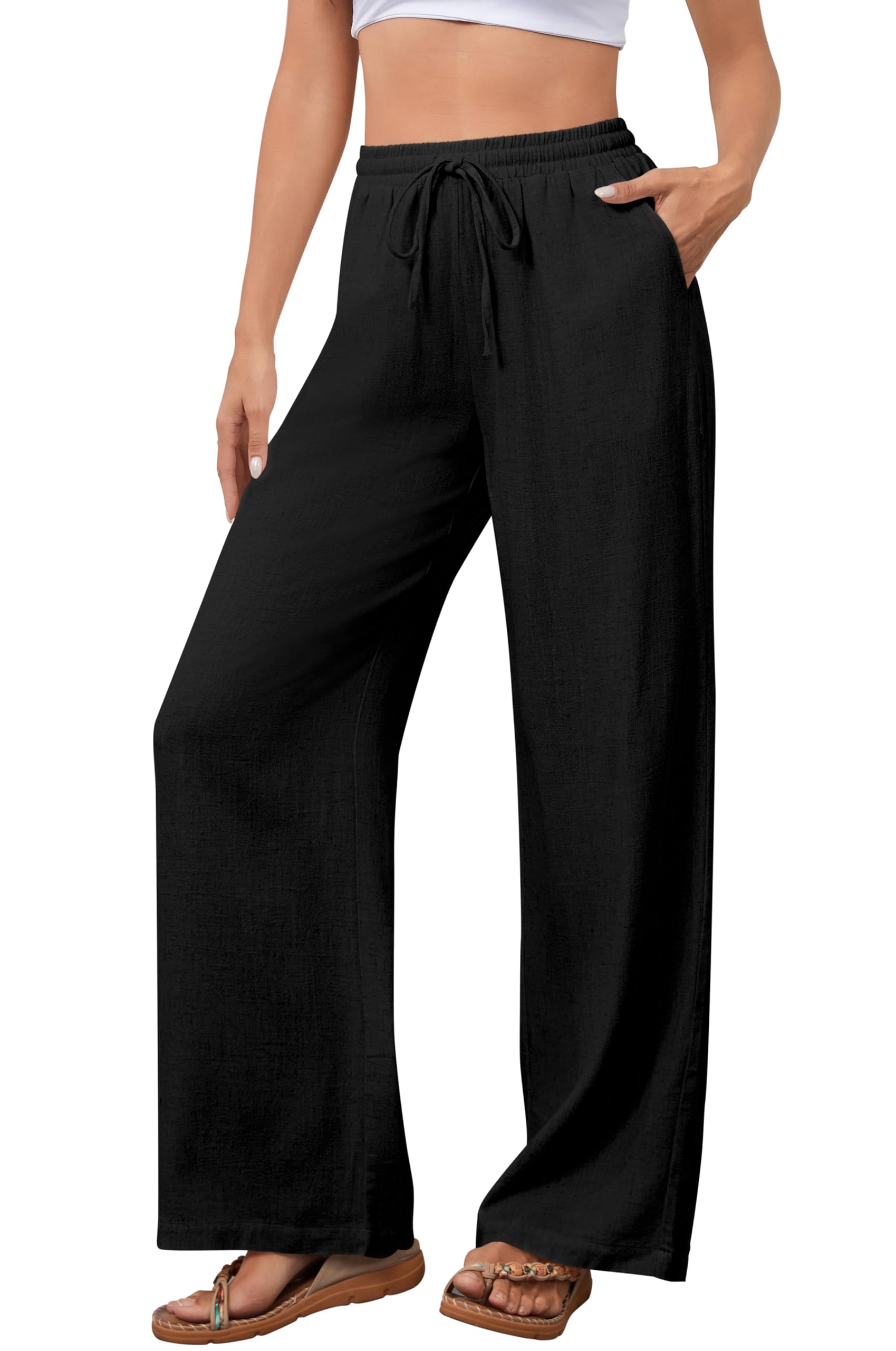 NONSAR Pantalon pour Femme en Coton avec Cordon de Serrage Pantalon en Lin Taille élastique Décontracté Coupe Ample Jambes Larges avec Poches Léger Couleur Unie Pantalon de Plage