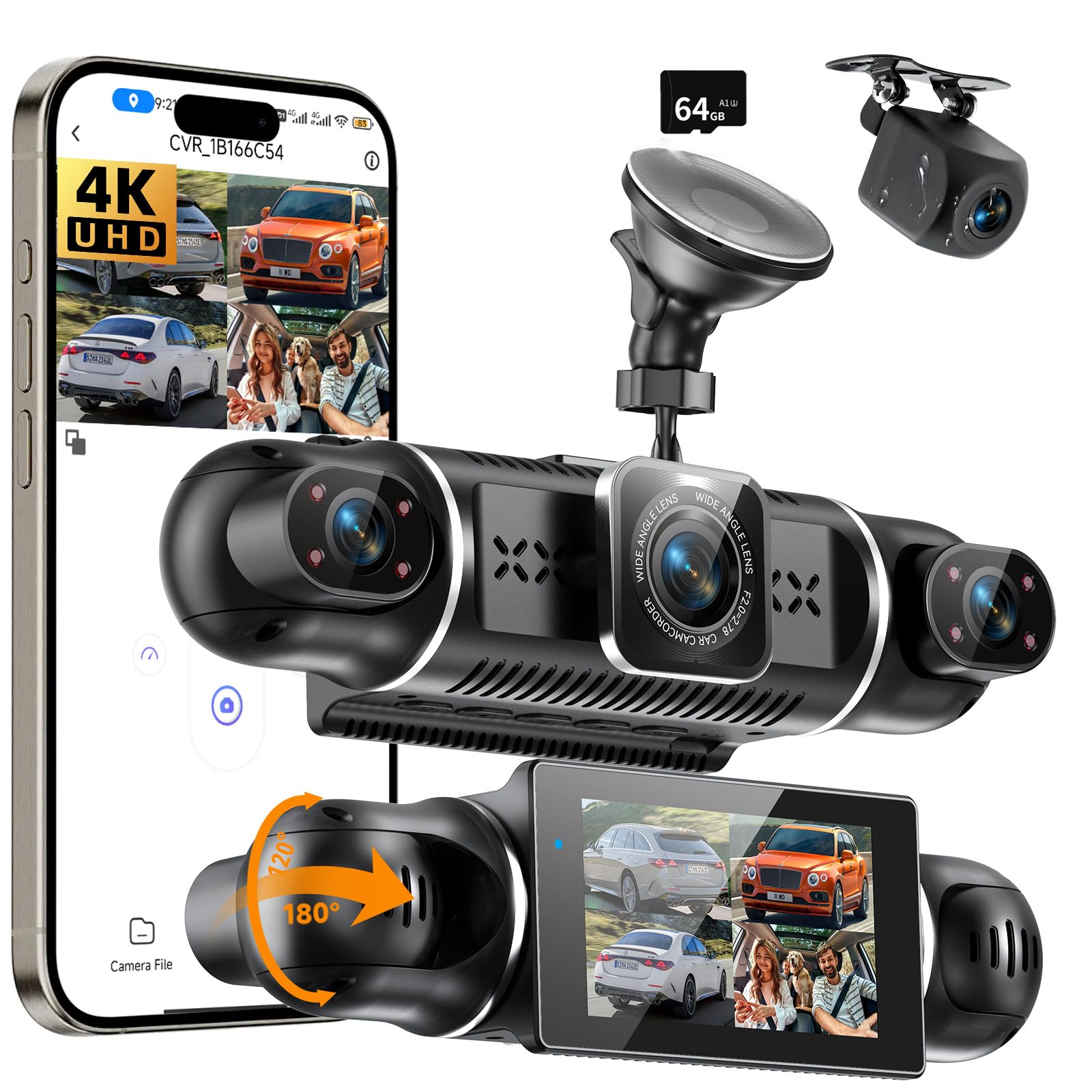 Dashcam Auto Vorne Hinten 2K+1080P -4 Kanal Dash Cam Auto Kamera mit 64GB-Karte,3" IPS Display