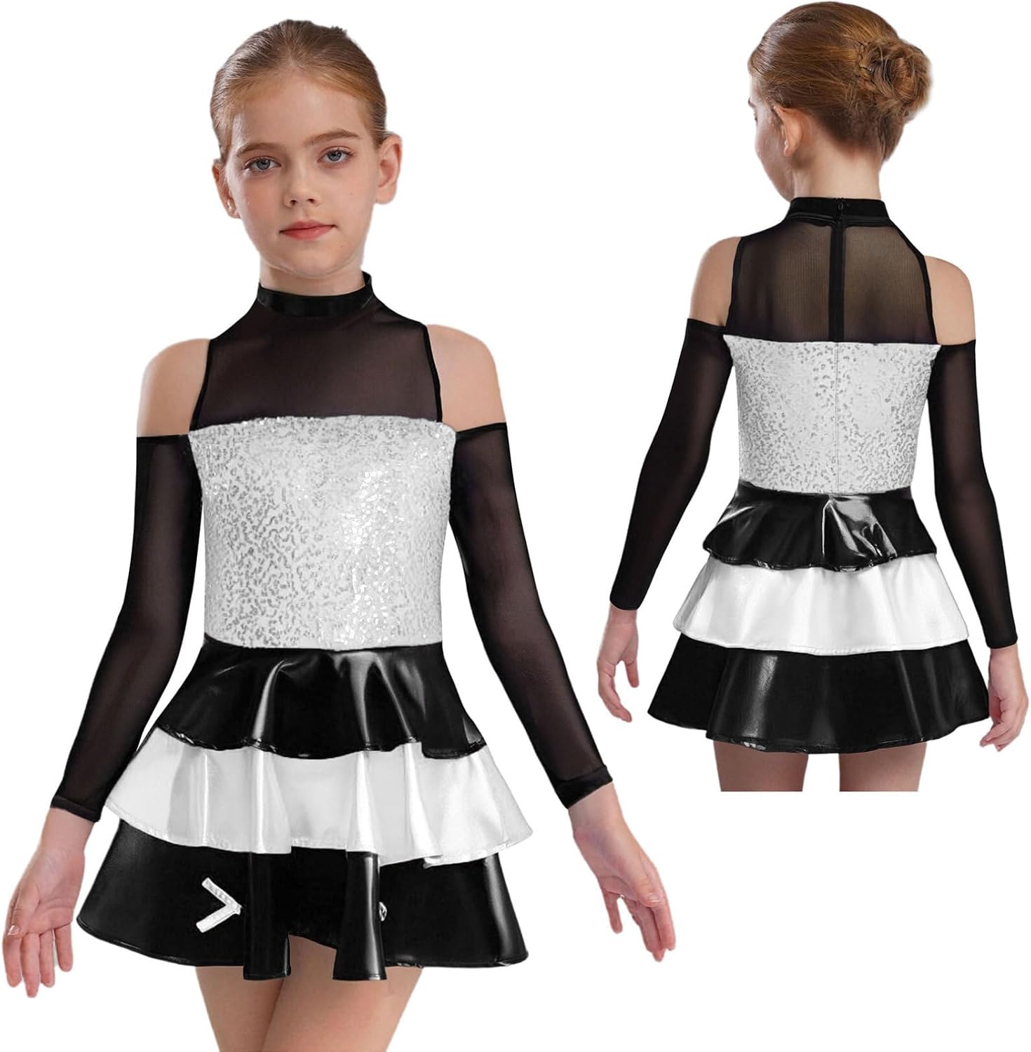 YiZYiF Big Girls Salsa Rumba Stage Performance Costume Tiered Ruffled Sequins Fringe Bodysuit Jazz Dance Dress