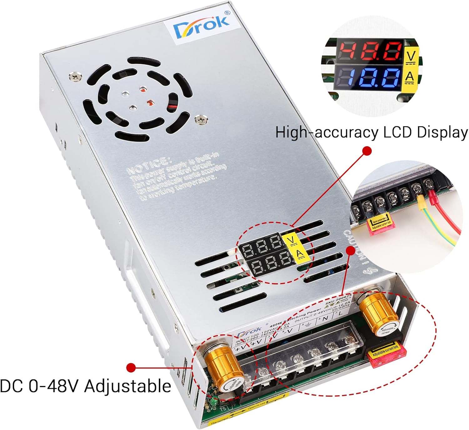 DROK 48V Power Supply, AC 110V/220V to DC 0-48V 0-10A 480W Buck Converter, Volt Amp Adjustable Adapter Regulated 5V 12V 24V 30V 36V 48V Volt Switching Voltage LED Transformer Charger for Computer