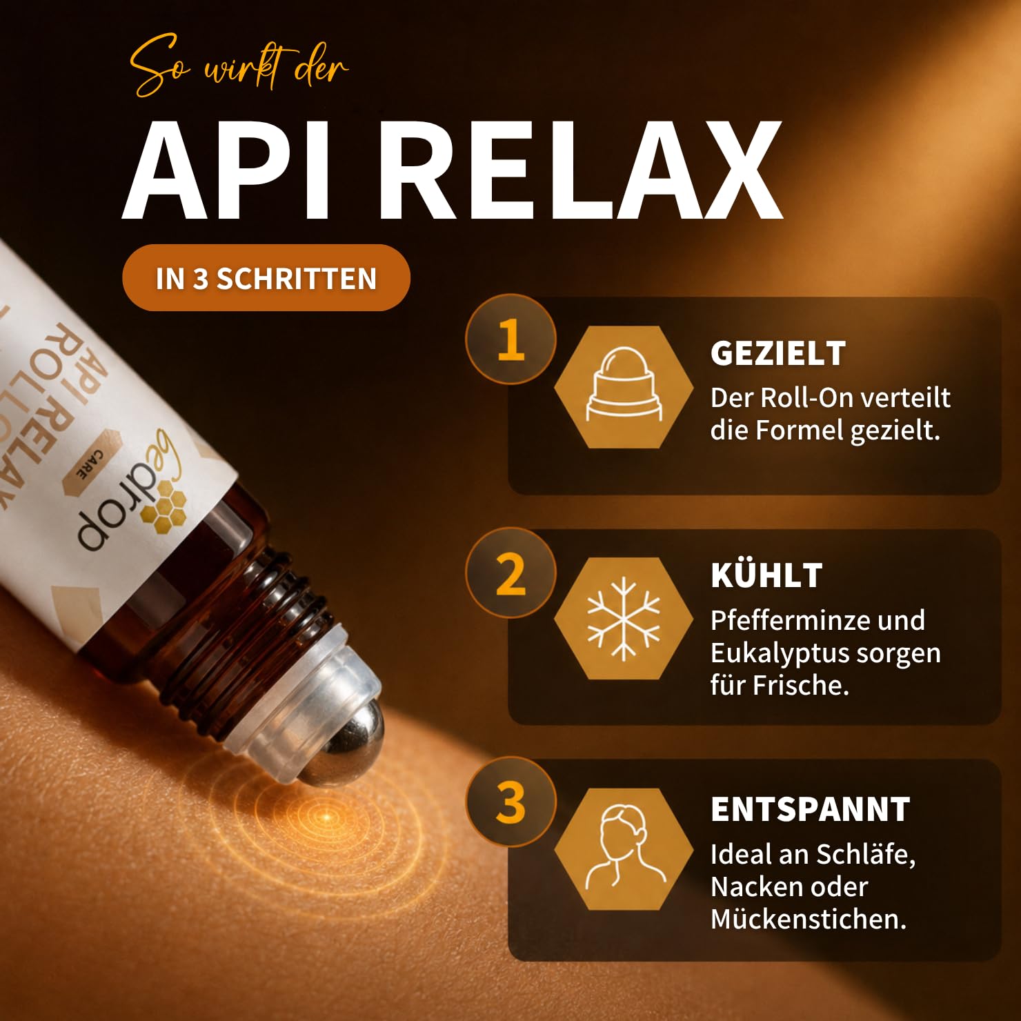bedrop Api Relax Roll-On - mit hochdosiertem Bienengift, Pfefferminze und Eukalyptus | Bei Kopfschmerzen, ideal auf Schläfen und Muskelbereichen | Praktische To-Go Größe