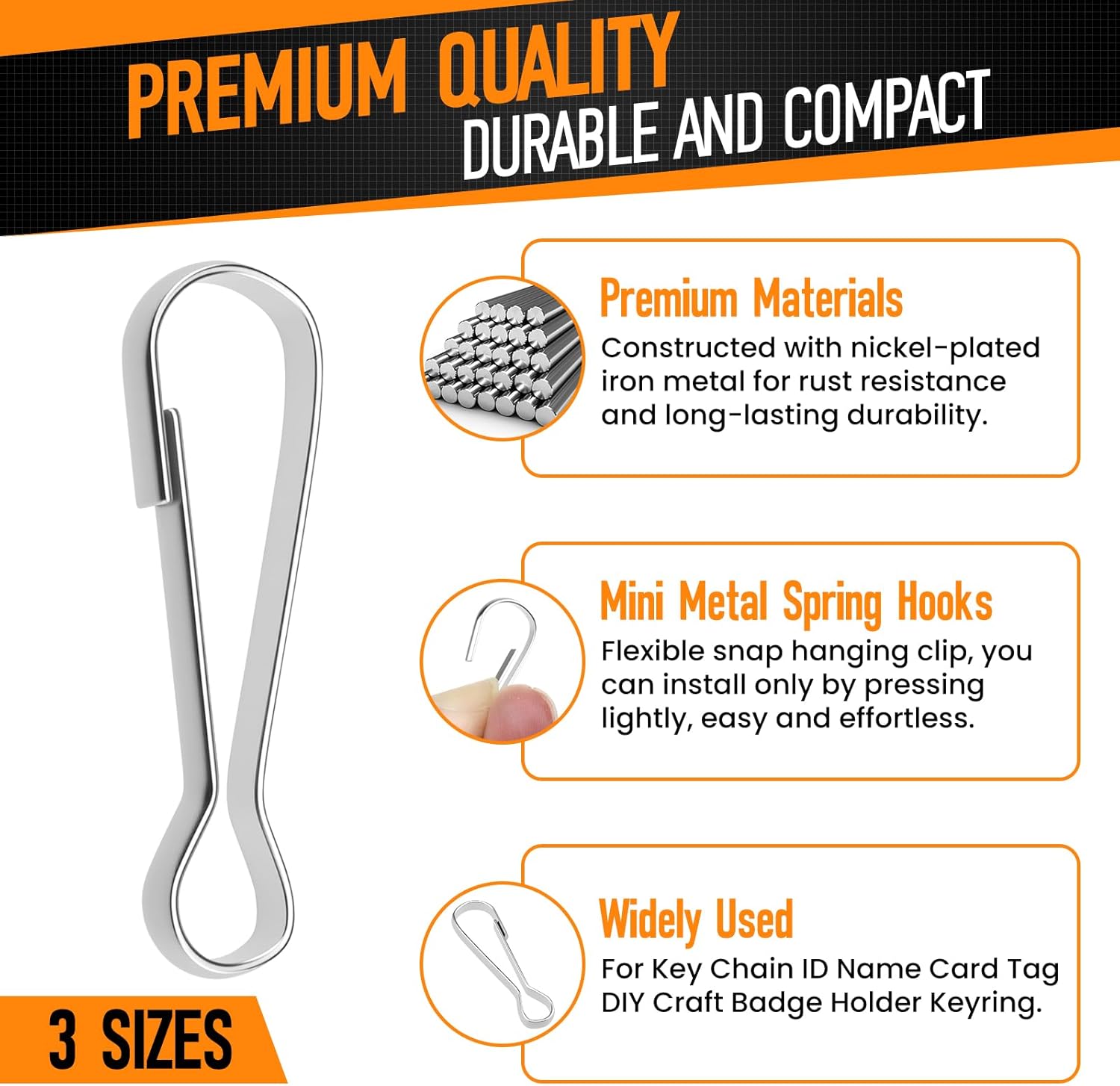 60pcs Metal Spring Hook Buckles Nickel Plated Snap Hanging Clip for Zipper, Key Chain, Plant Hanger etc. (20x 20mm & 20x 30mm & 20x 40mm) - Image 3