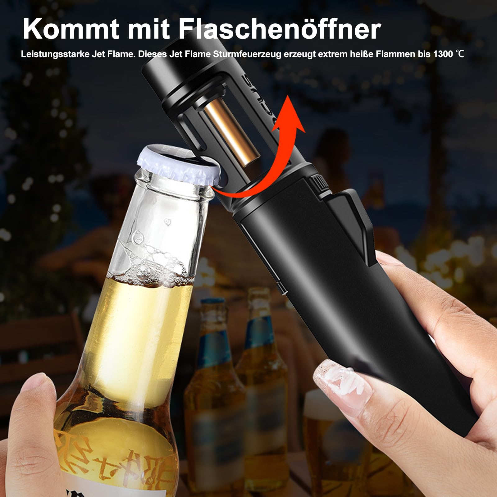 Briquet tempête rechargeable au gaz - Longueur : 18 cm - Avec décapsuleur - Coupe-vent - Pour bougies, cuisson, camping, barbecue, cheminée - Sans gaz