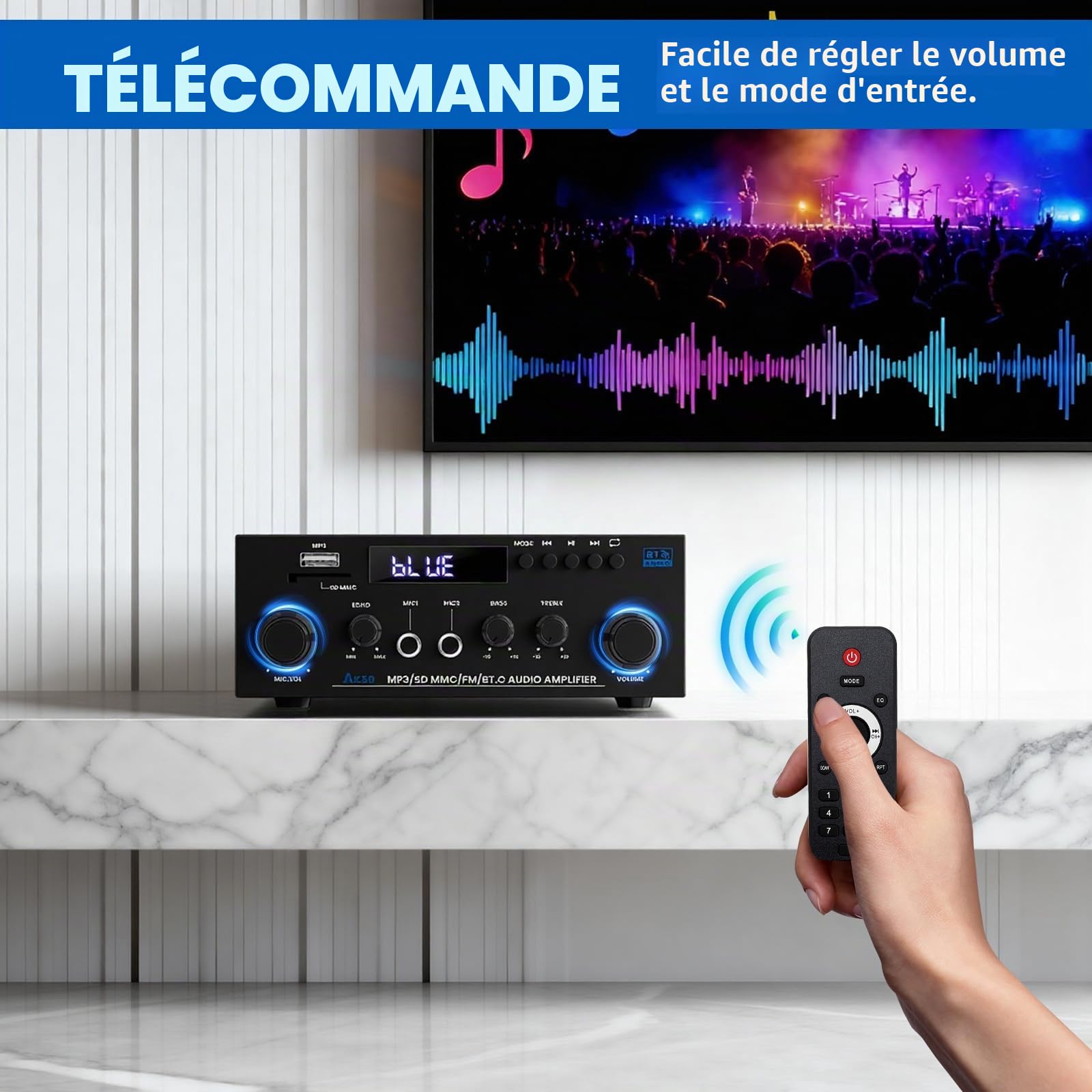 Amplificateur audio stéréo HiFi 2 canaux 500 W (1000 W max.) - Bluetooth 5.3, écran LCD, alimentation 12 V/220 V - Compatible USB/SD/FM/RCA - Pour la maison, la voiture et le karaoké - Avec télécomman