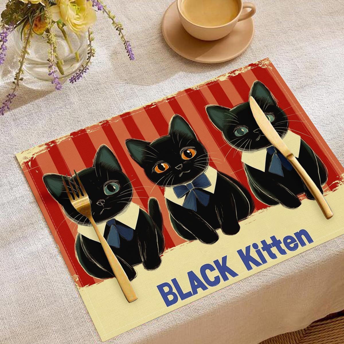 Sets de table d'été motif chat noir chef de bande dessinée pour décoration
