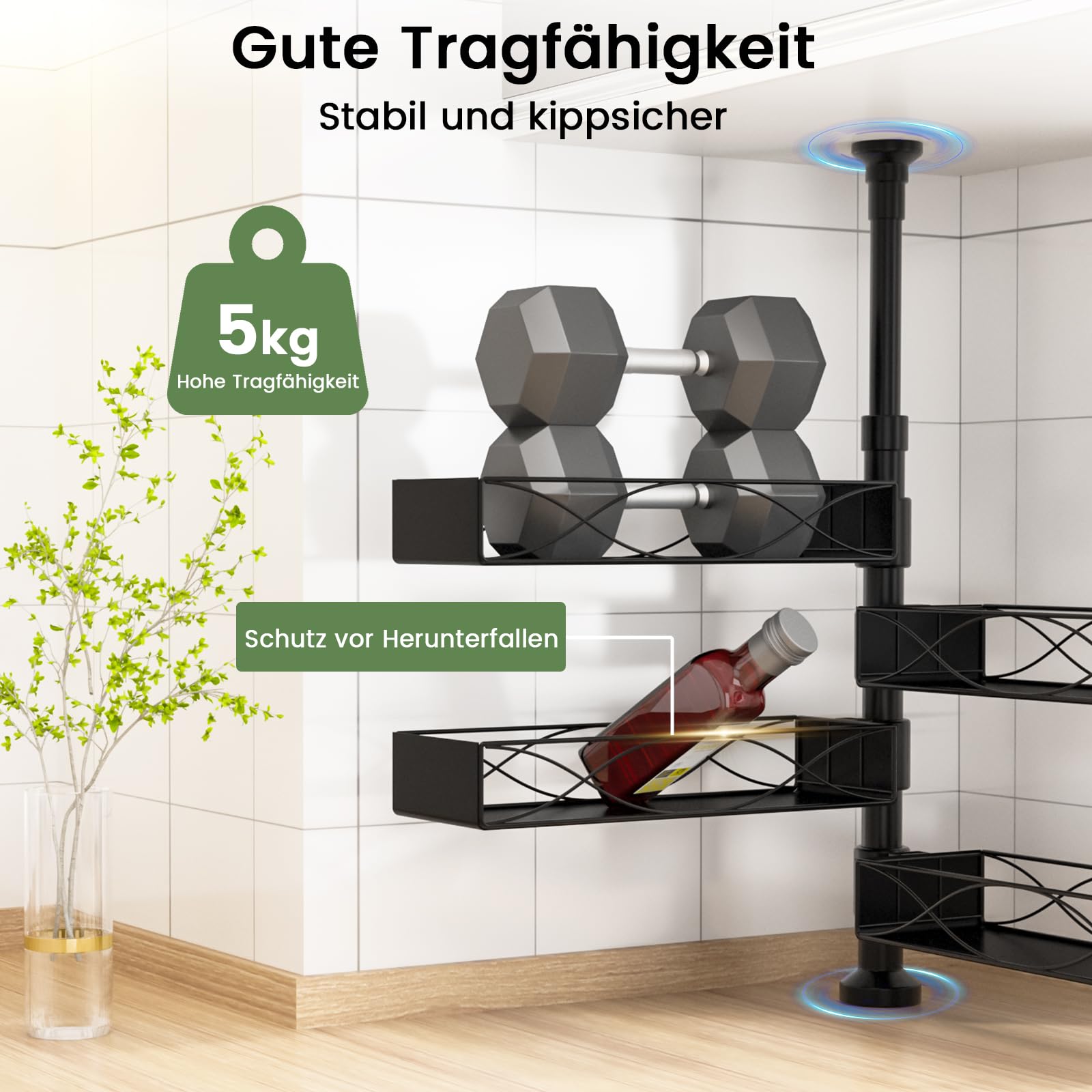 Mixoo 4 Stück Drehbar Gewürzregal Stehend Ohne Bohren,Höhenverstellbar:42–62 cm,Extra Große Kapazität Gewürz Organizer Ecke für Küchen,Metall Spice Rack Wasserdicht Schwarz,für Viele Gewürze (Schwarz)