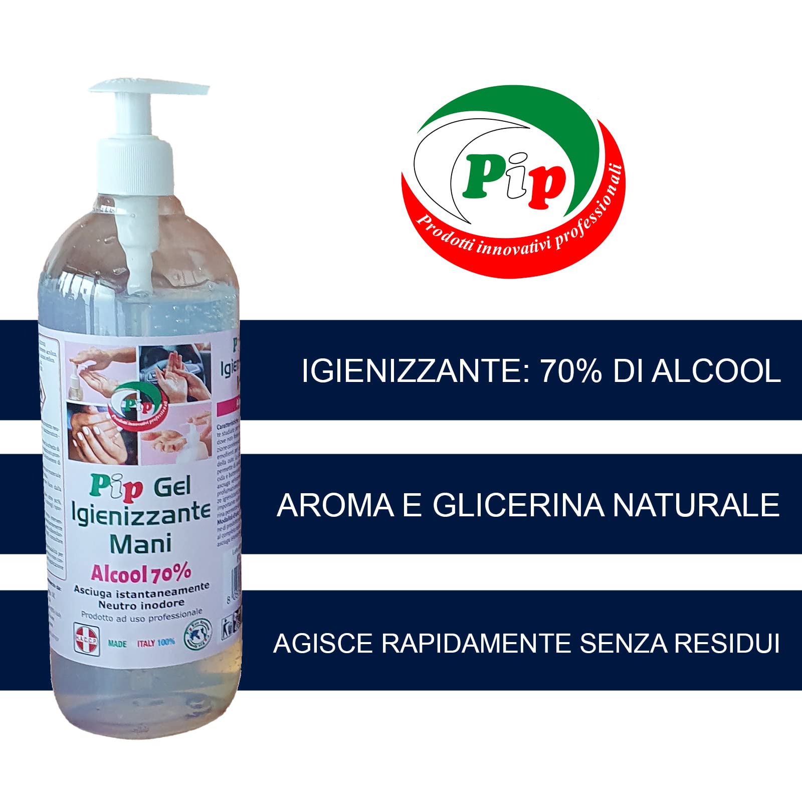 PIP Gel Igienizzante 1 Litro con Alcol 70%, Completo di Dosatore, Uso Personale, Scuola, Ufficio e Negozio, Non Irrita, Adatto a Pelli Sensibili, Non Profumato, Professionale, Fl. 1 Litro