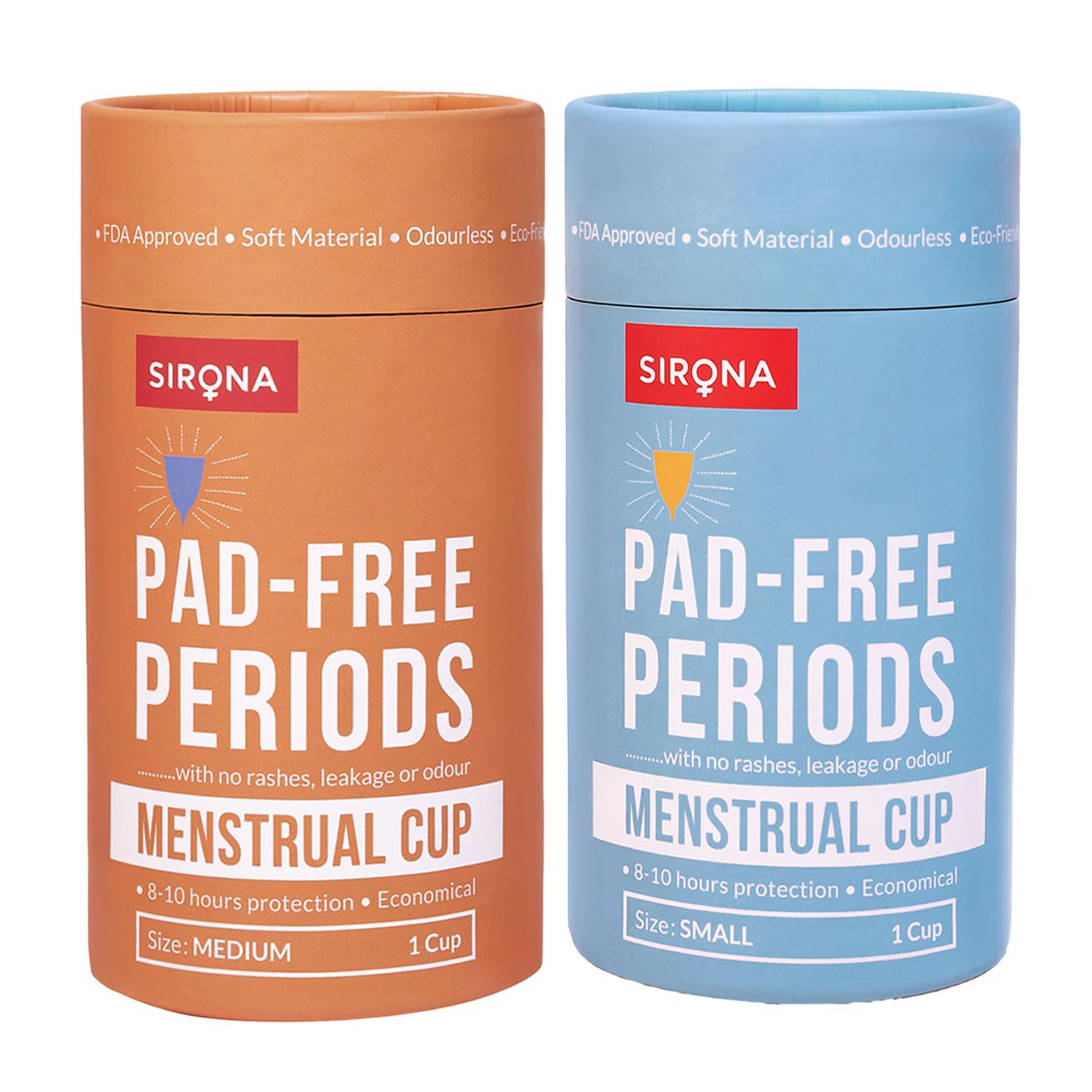 Sirona Reusable Menstrual Cup for Women - Medium & Small (Pack of 2) | FDA Approved | Ultra Soft 100% Medical Grade Silicone | Odour, Rash & Itch-Free Period | Leak-Proof Protection for 8-10 Hours