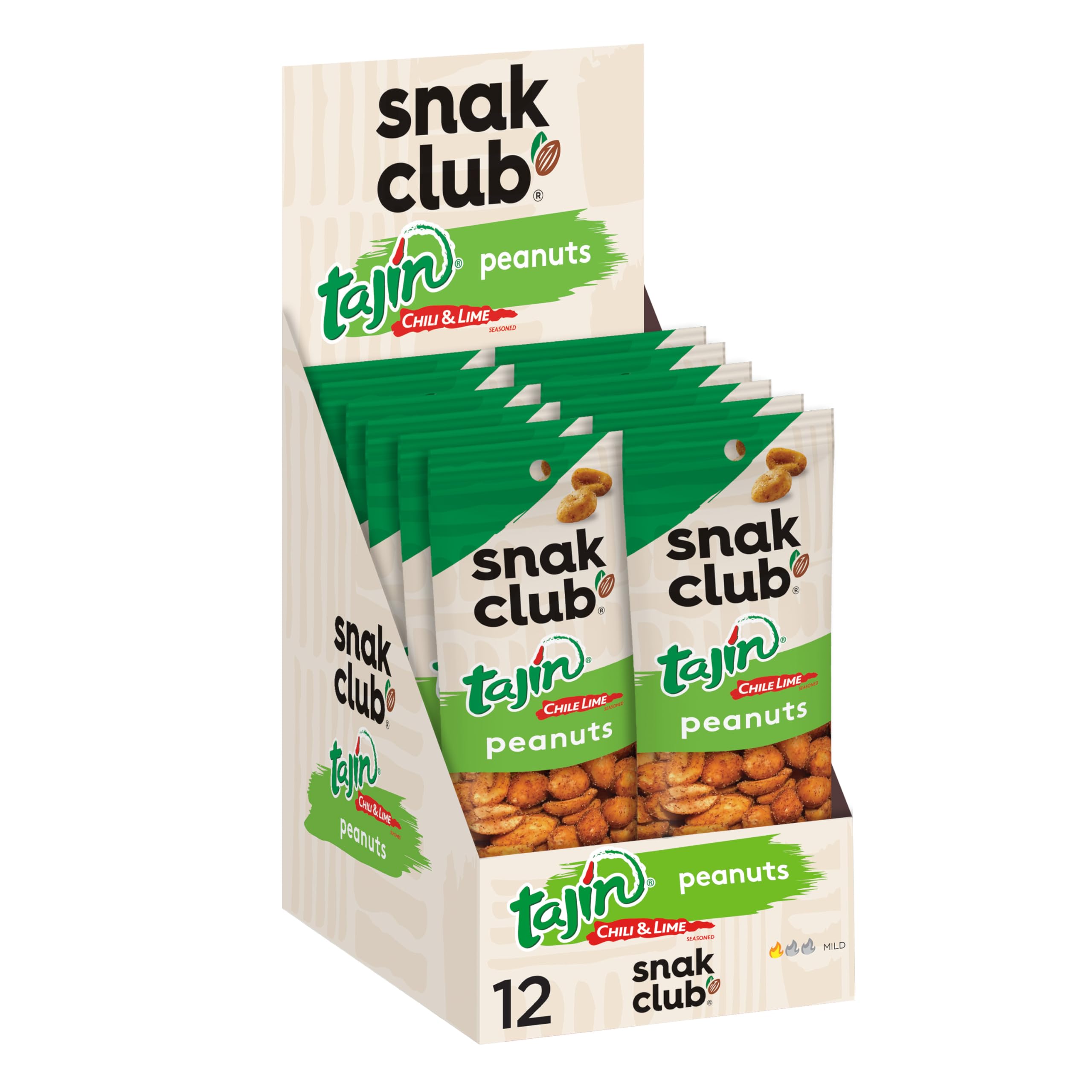 Snak Club Tajin Peanuts, Roasted Nuts with Chili and Lime Seasoning, Mild, Gluten-Free and Kosher Snacks, 1.5 oz Bags, 12 Pack