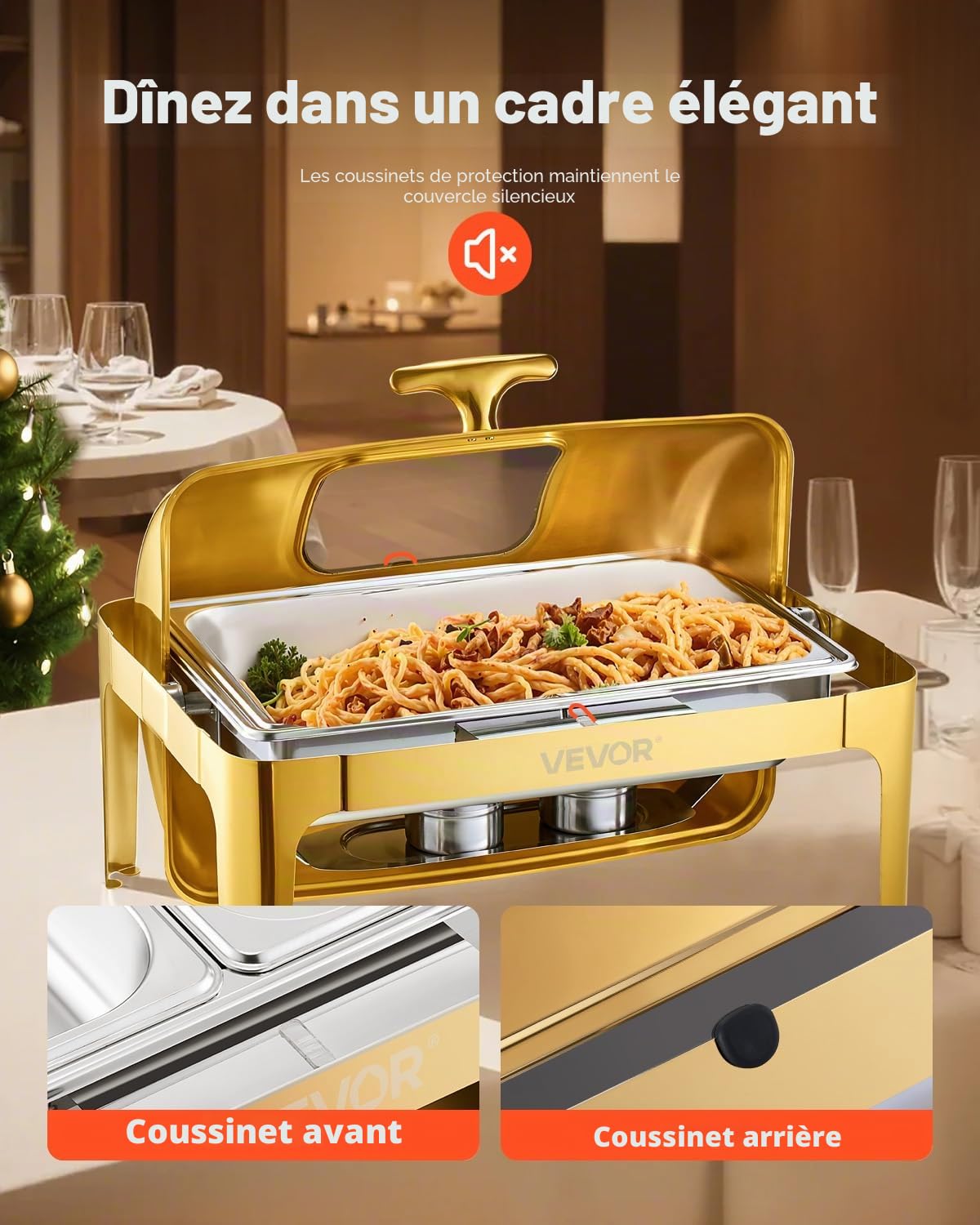 VEVOR Chauffe-Plat Rectangulaire 8,5 L, Buffet Chauffant avec Couvercle Rabattable Visible, Réchaud en INOX avec Bac Pleine Taille, pour Buffet Libre-Service Hôtel Traiteur Restauration, Doré