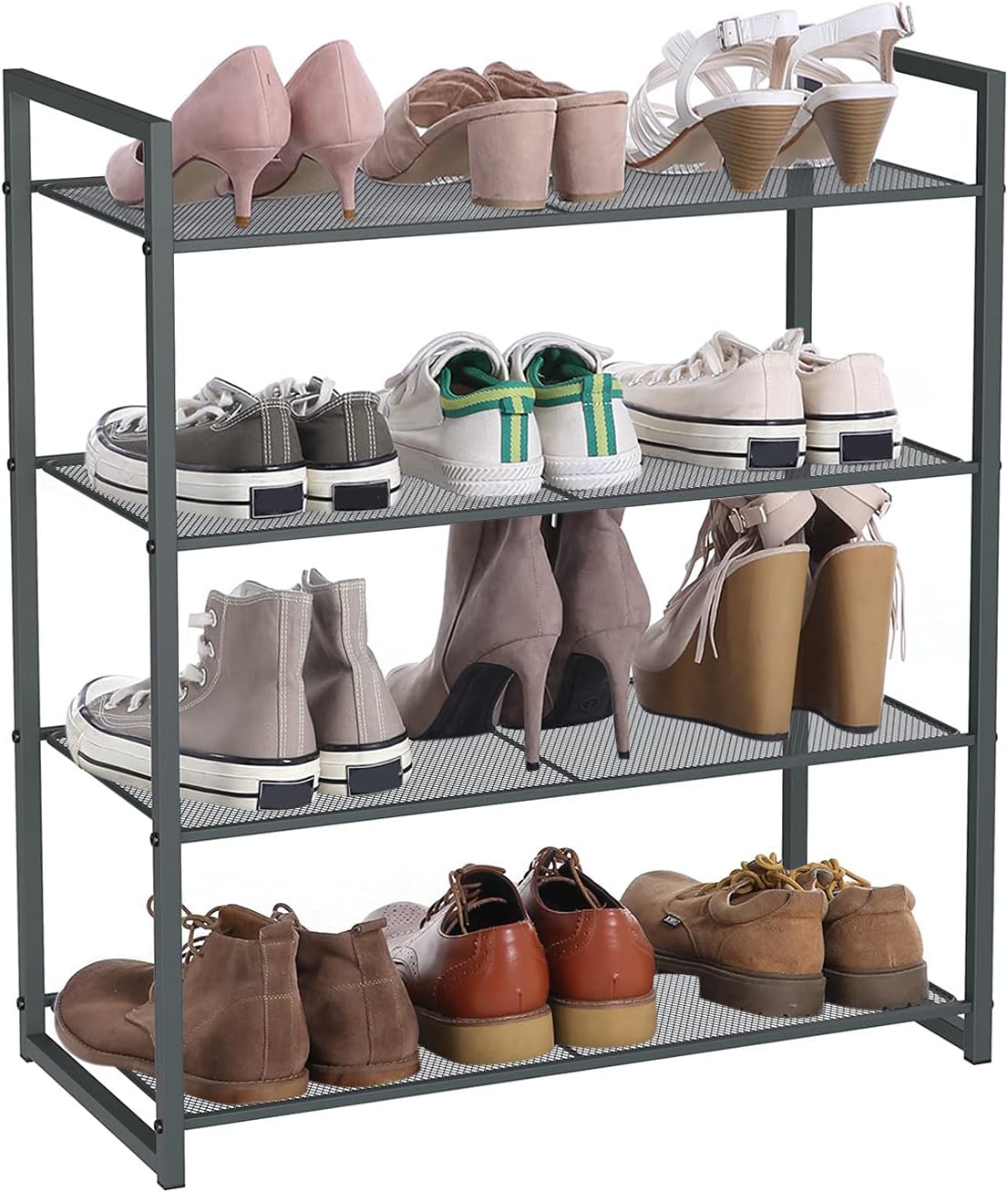 SONGMICS 4-Tier Shoe Rack, Stackable Shoe Organizer, 12-16 Pairs of Shoes, Metal Shoe Rack Storage，Smoky Gray ULMR84GC