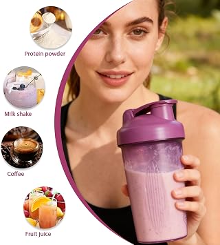 Protein & Supplement Shaker Bottle, 2 Pcs Protein Shaker Bottles with Stainless Steel Mixing Ball 400ml, Leakproof Flip On Lid Shake Cup for Men Women (Black, Purple)