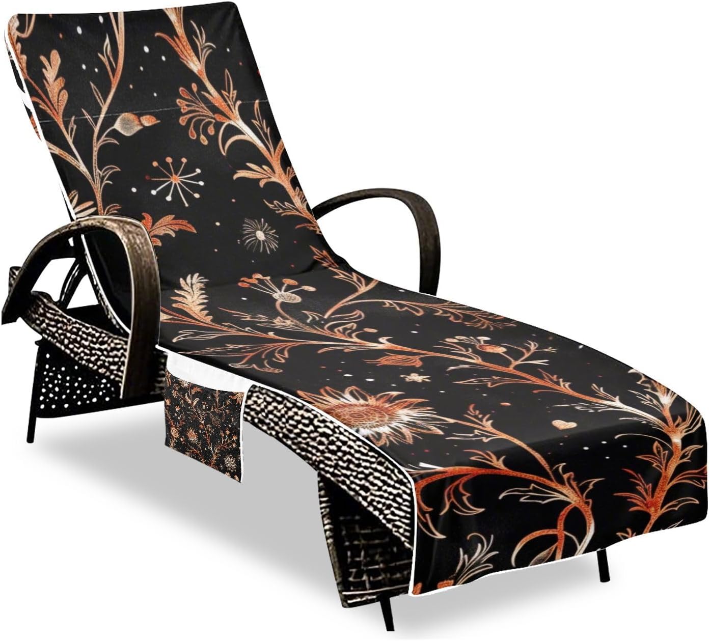 Vintage Rose Gold Floral Pattern on A Black Background Patio Chaise Lounge Chair Cover Microfiber Soft Outdoor Chair Covers with Windproof Straps for Pool Sunbathing Beach Garden, 85" X 30"