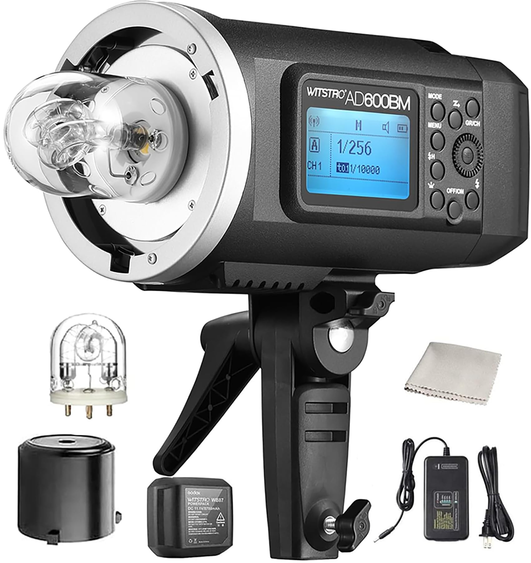 AD600BM Bowens Mount Outdoor Flash Strobe Light, 600Ws GN87 1/8000 HSS 2.4G Wireless X System, 8700mAh Battery Pack to Provide, 0.01~2.5s Recycle Time, 500 Full Power Flashes, 10W Modeling Lamp