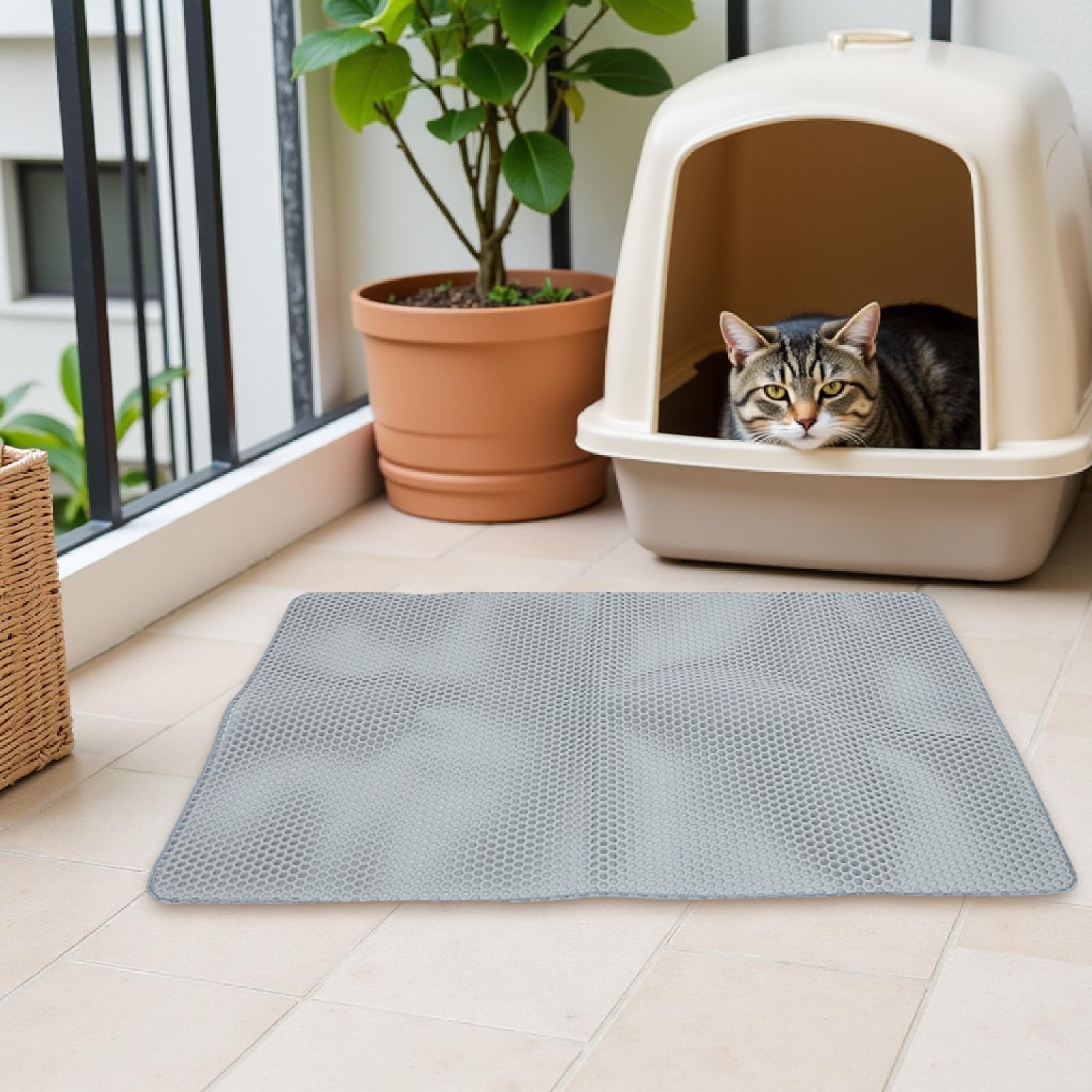 Balacoo Katzenklo Matte Xxl 120x70cm, Doppelschichtige Waben Katzentoilette Unterlage, Wasserdicht & Urinfest, Rutschfester Katzenstreu Vorleger für Sauberen Boden, Eva Material, Grau