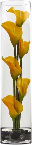 Nearly Natural 18” Mini Calla Lily Artificial Arrangement in Cylinder Glass Vase, Yellow