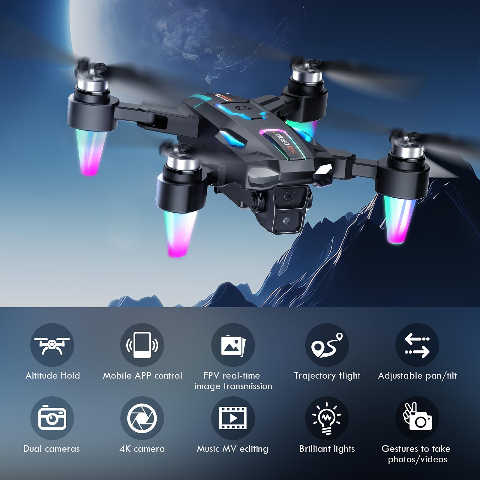 Drone con Telecamera 8K, 360°Flip, Wi-Fi, Motore Brushless, Modalità Senza Testa, Decollo/Atterraggio con un Solo Tasto, Volo in Traiettoria, Regali e Giocattoli per Principianti, 2 Batterie (Nero)