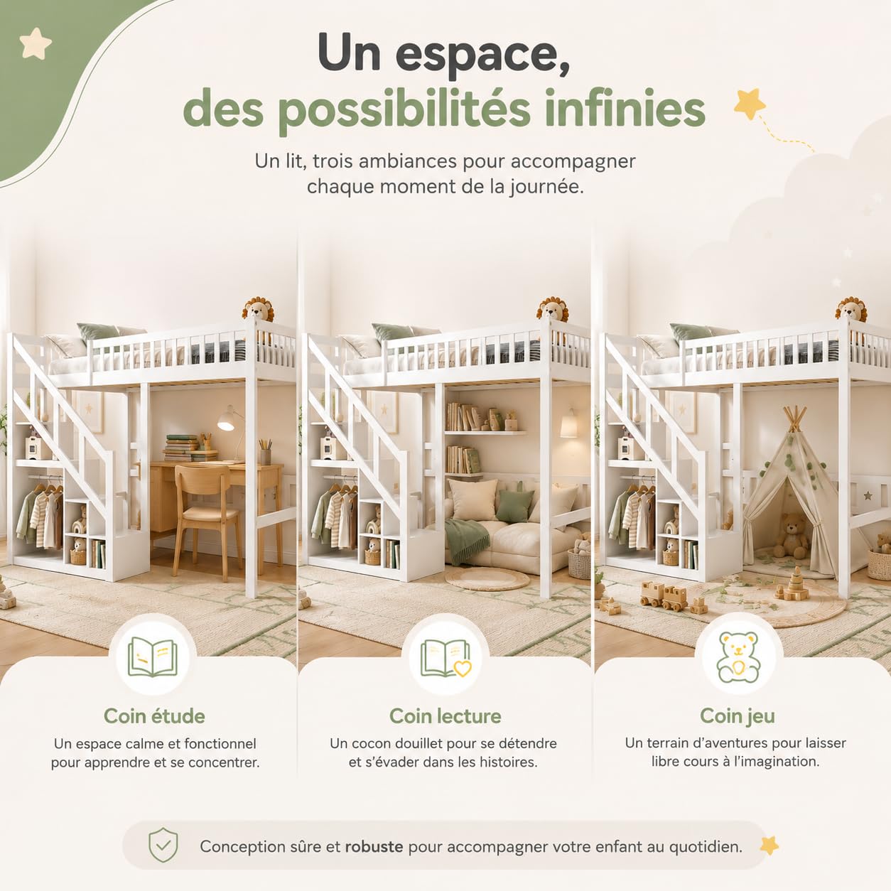 Lit superposé, pour enfant, 140 x 200 cm, en bois, avec espace de rangement, pour 2 enfants, 140 x 200 cm, avec escalier et sommier à lattes, avec protection contre les chutes, sans matelas