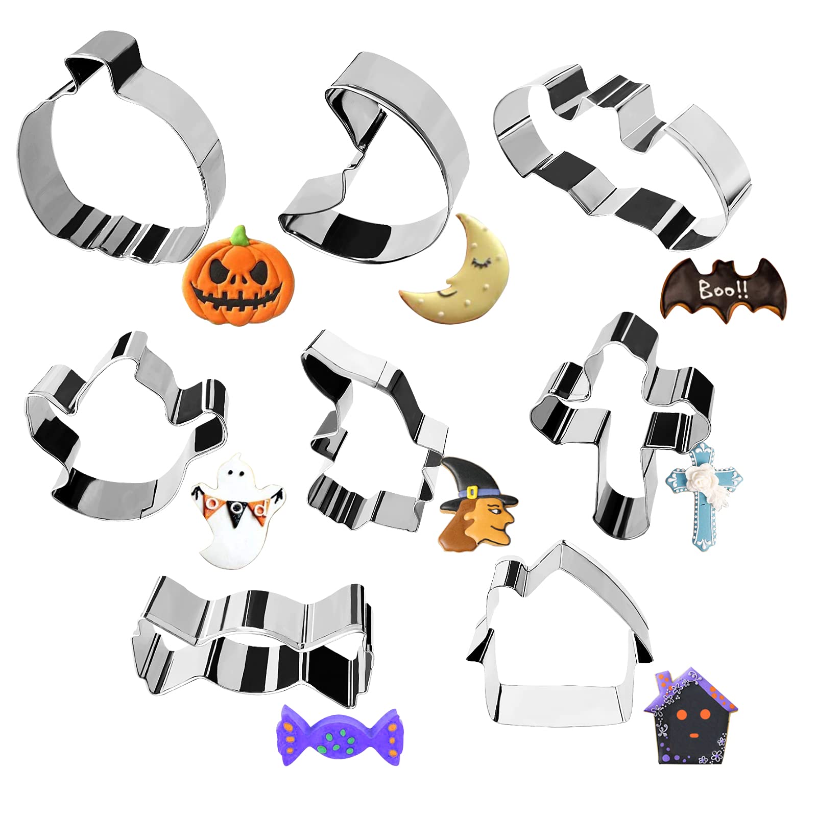 8 Pack Halloween Cookie Cutter Set, Biscuit Cutters Shapes, Wizard Cross Bat Moon Pumpkin Ghost House Candy