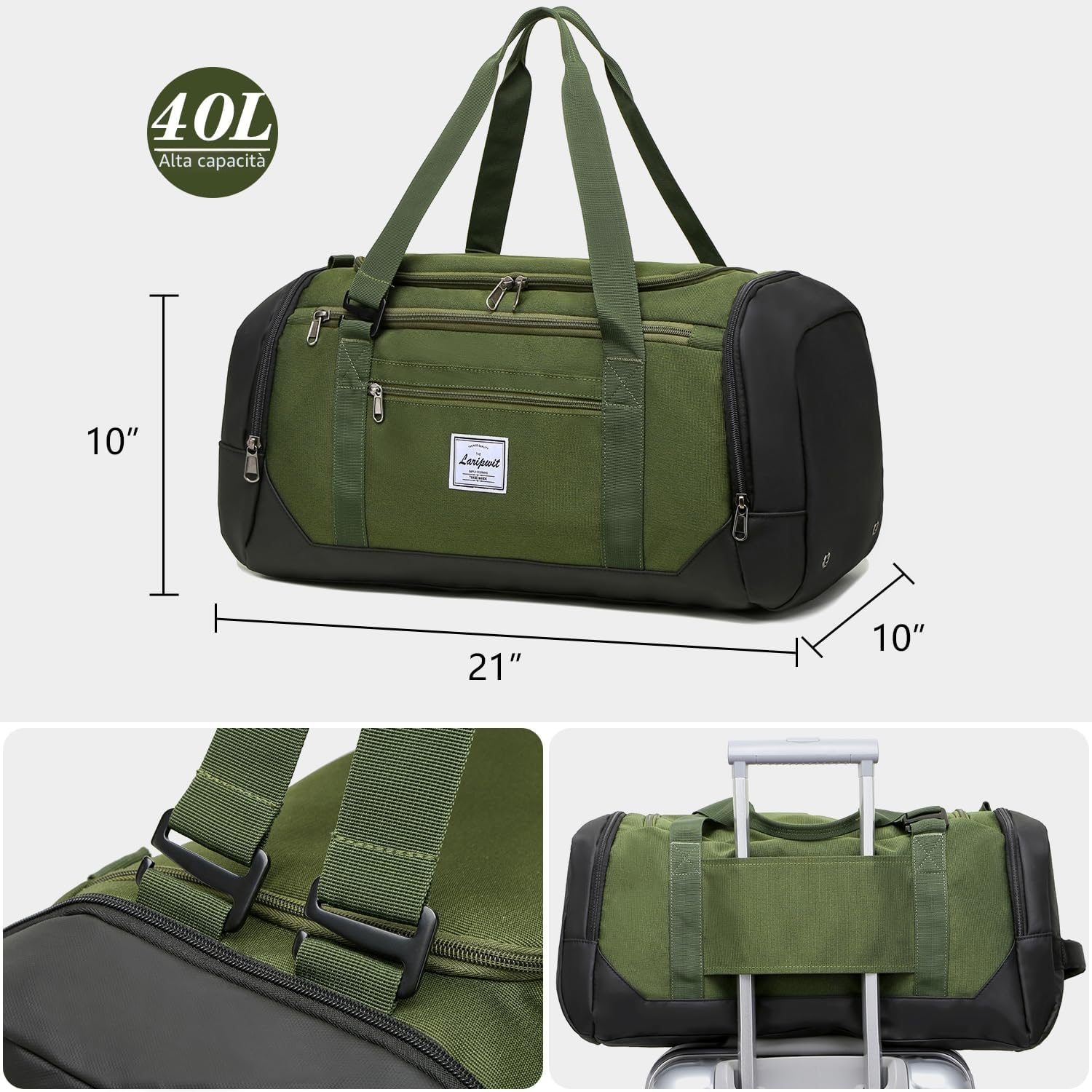 Laripwit Borsa Sportiva da Palestra per Uomo con Scomparto per Scarpe 40L, Verde, 53 cm x 25.4 cm x 25.4 cm