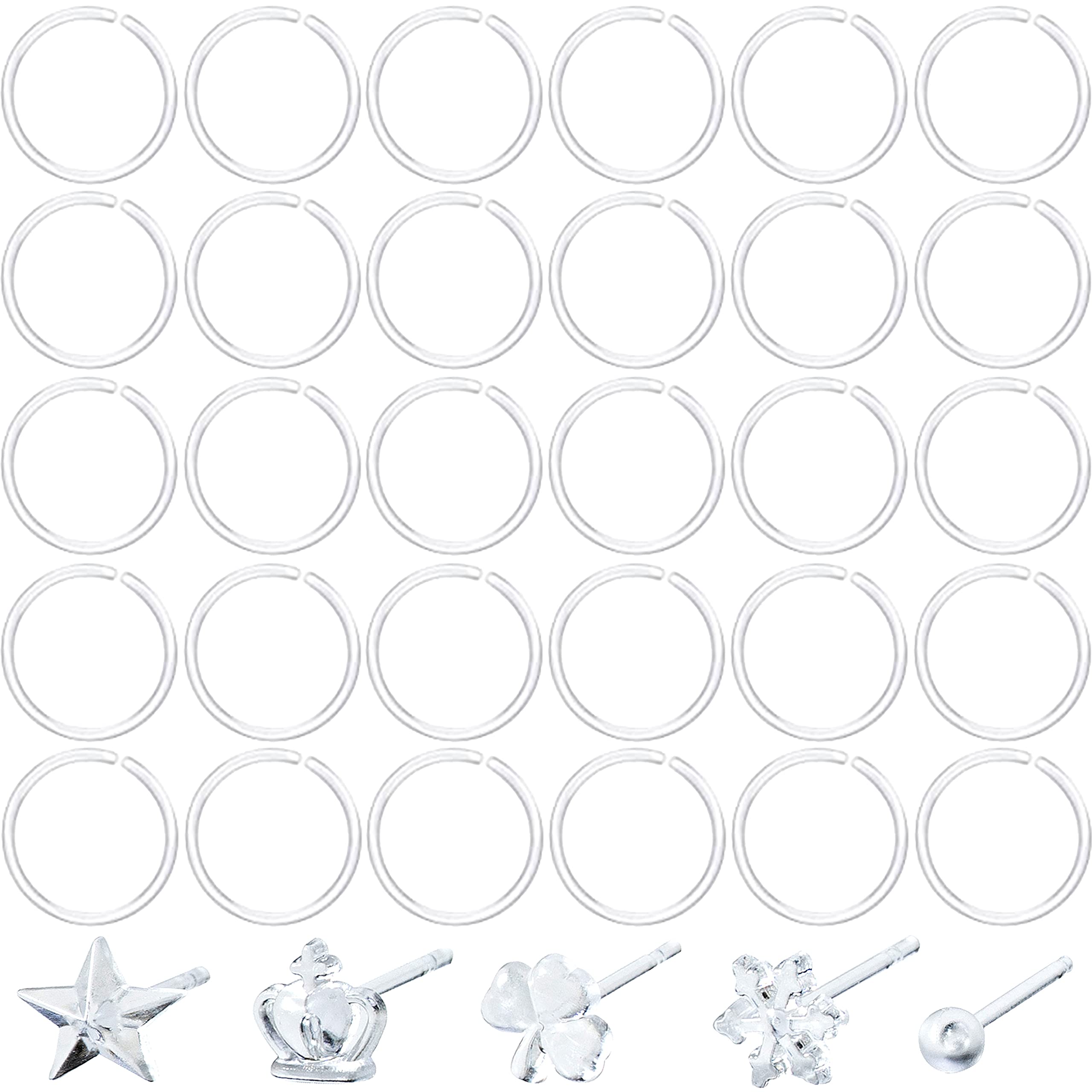 OwlkOrmy 20G Unisex 100Pcs Anti-Allergy Plastic Hoop Ears Hole Retainers Hoop Clear Nose Rings Hoop &10Pcs Studs Silicone Earring Posts & Backs for Men Women Girls Kids